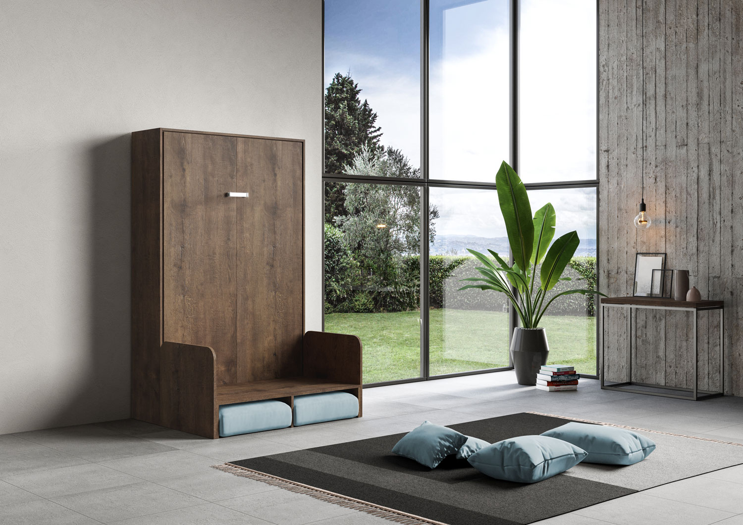 Letto matrimoniale francese a scomparsa 140 Kentaro con divano noce, azzurro L.153,6 P.105,2 H.210,5 cm (aperto P.215 cm) 3 Letto matrimoniale francese a scomparsa 140 Kentaro con divano noce, azzurro