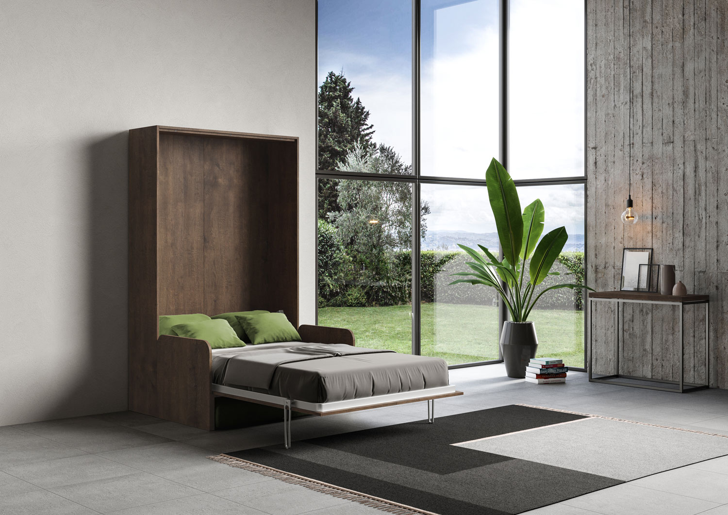Letto matrimoniale francese a scomparsa 140 Kentaro con divano noce, verde L.153,6 P.105,2 H.210,5 cm (aperto P.215 cm) 4 Letto matrimoniale francese a scomparsa 140 Kentaro con divano noce, verde