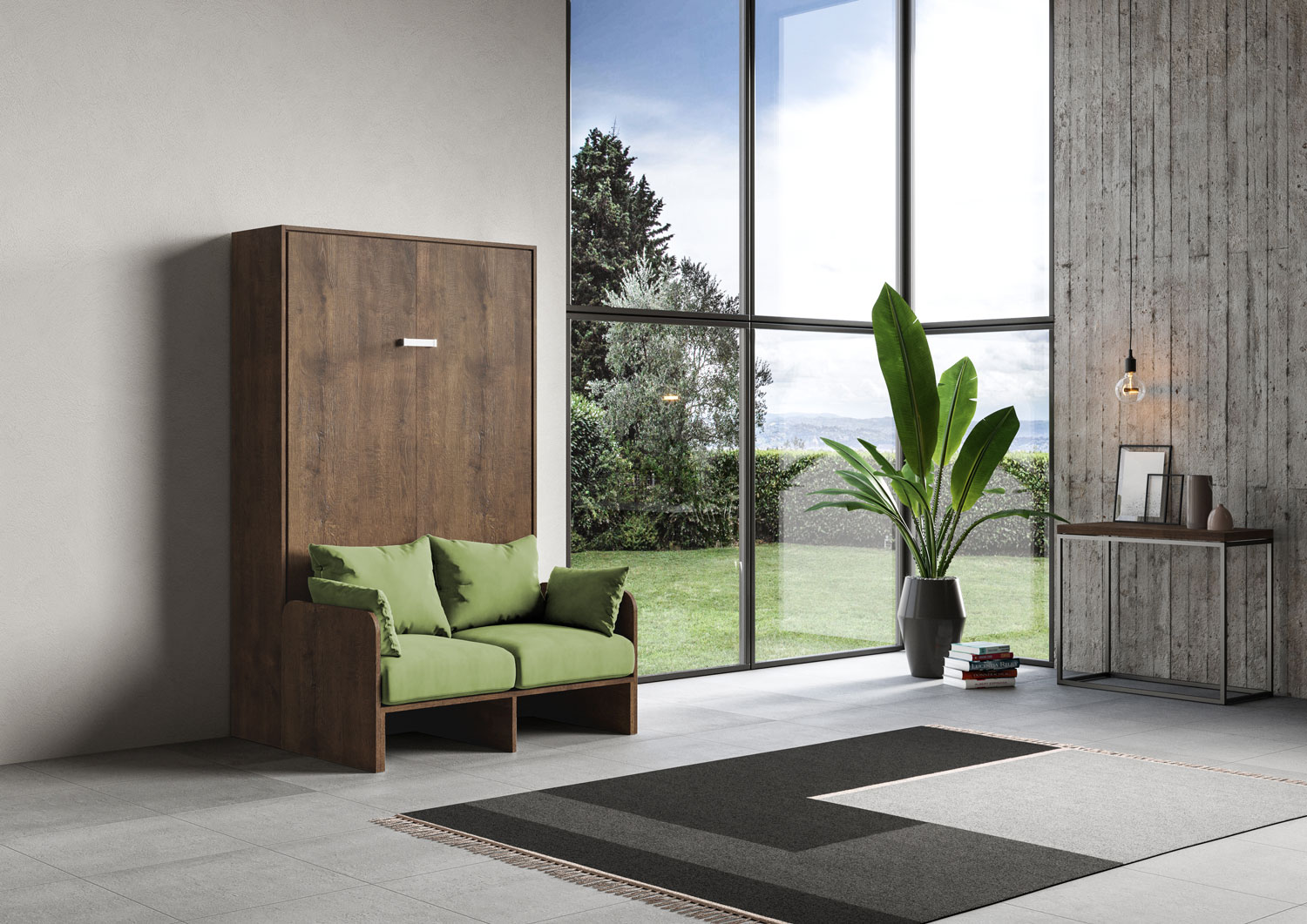 Letto matrimoniale francese a scomparsa 140 Kentaro con divano noce, verde L.153,6 P.105,2 H.210,5 cm (aperto P.215 cm) 1 Letto matrimoniale francese a scomparsa 140 Kentaro con divano noce, verde