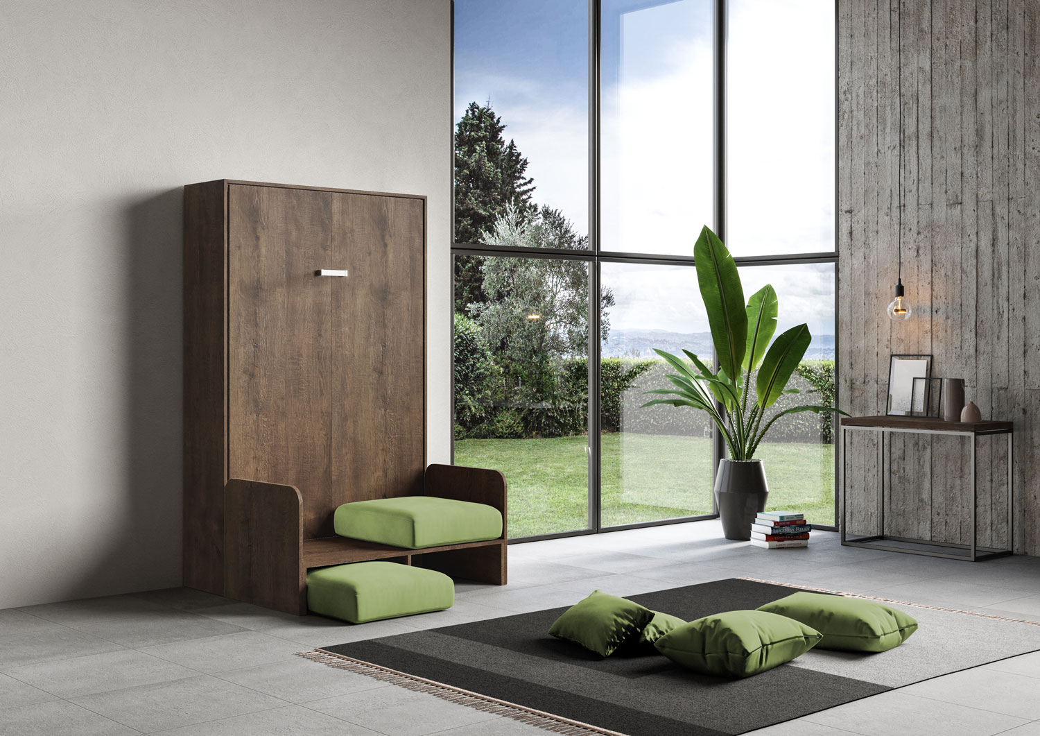 Letto matrimoniale francese a scomparsa 140 Kentaro con divano noce, verde L.153,6 P.105,2 H.210,5 cm (aperto P.215 cm) 2 Letto matrimoniale francese a scomparsa 140 Kentaro con divano noce, verde