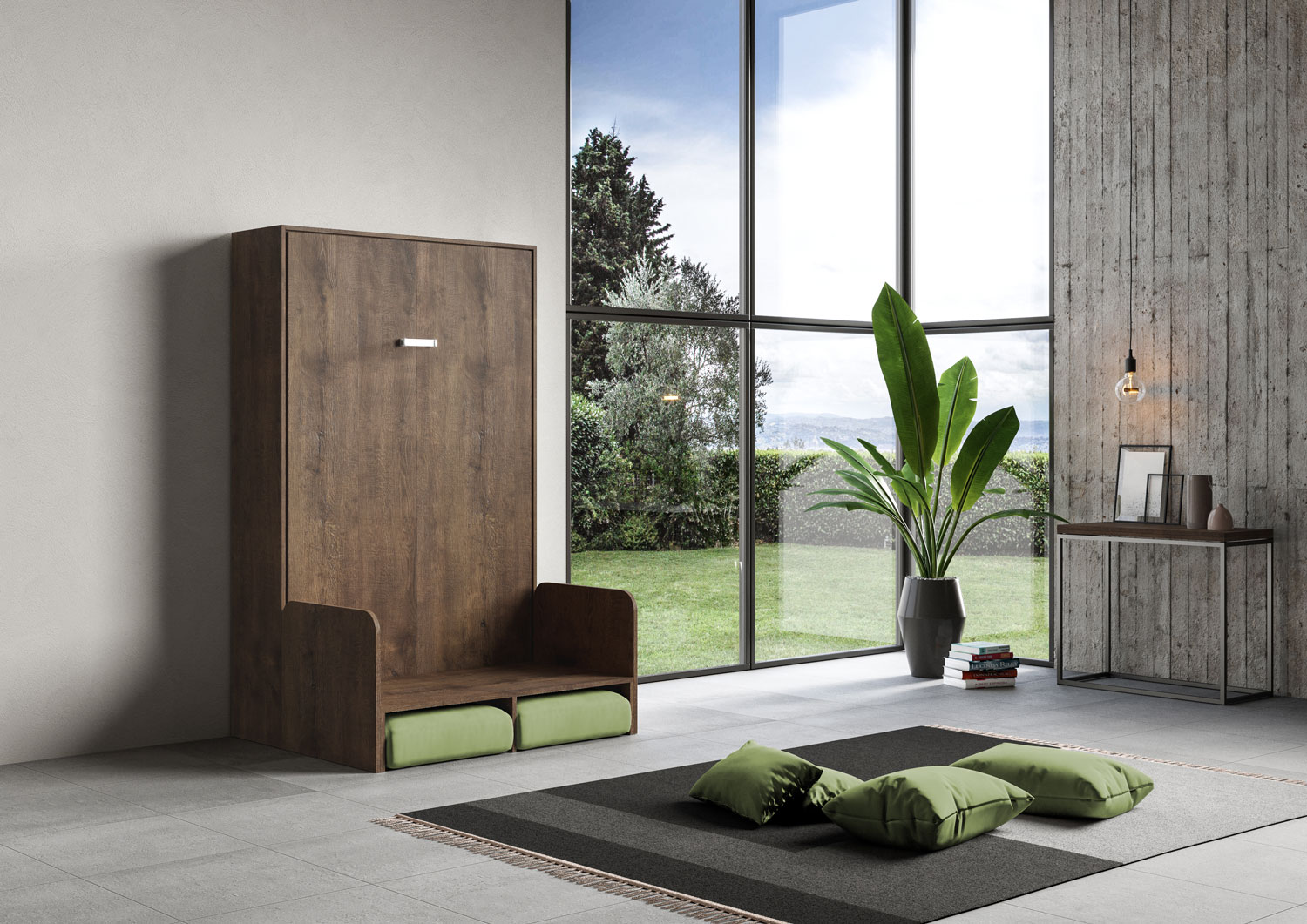 Letto matrimoniale francese a scomparsa 140 Kentaro con divano noce, verde L.153,6 P.105,2 H.210,5 cm (aperto P.215 cm) 3 Letto matrimoniale francese a scomparsa 140 Kentaro con divano noce, verde