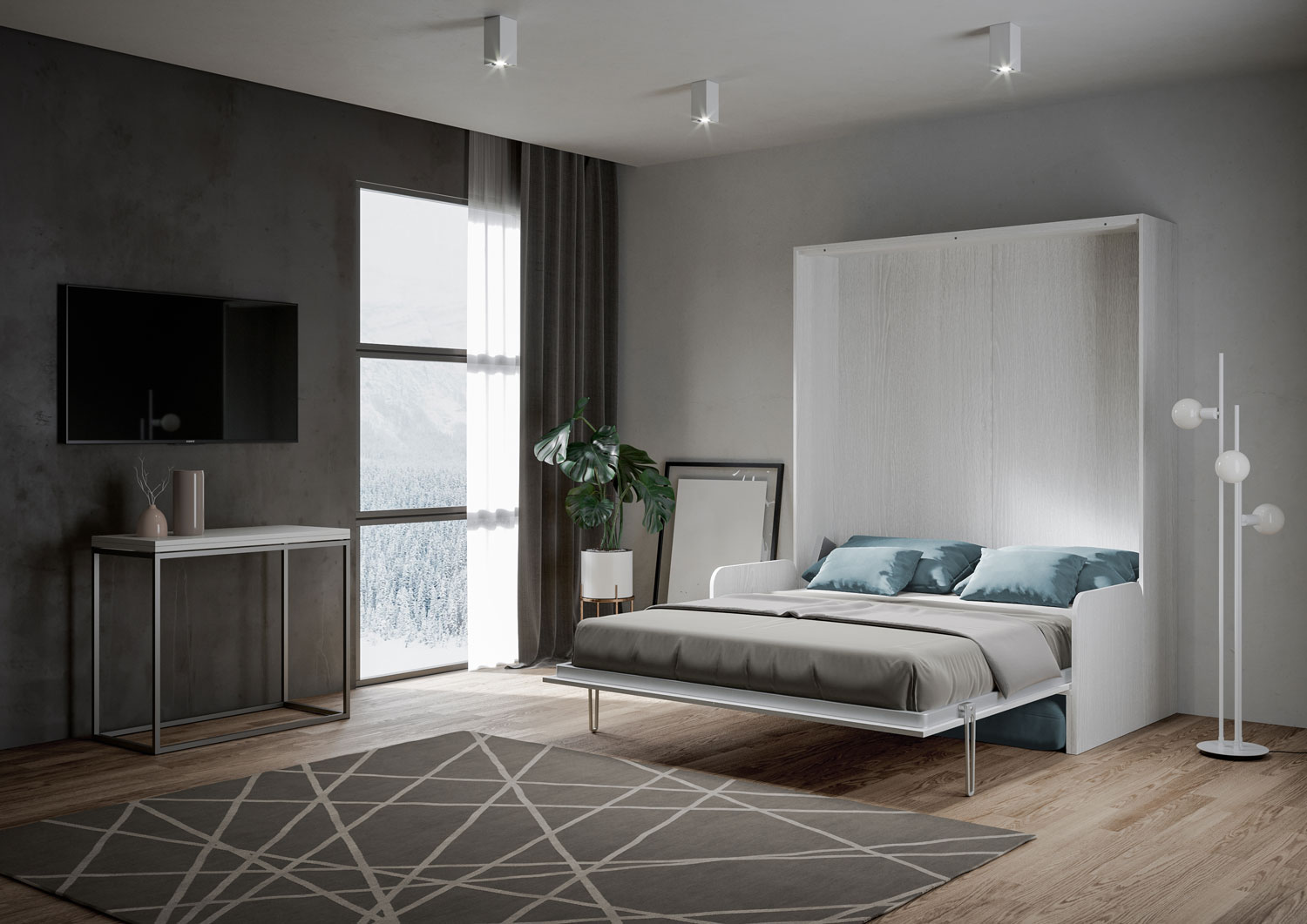 Letto matrimoniale a scomparsa 160 Kentaro con divano bianco frassino, azzurro L.173,6 P.105,2 H.210,5 cm (aperto P.215 cm) 4 Letto matrimoniale a scomparsa 160 Kentaro con divano bianco frassino, azzurro