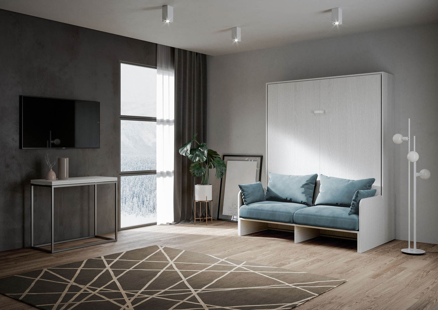 Letto matrimoniale a scomparsa 160 Kentaro con divano bianco frassino, azzurro L.173,6 P.105,2 H.210,5 cm (aperto P.215 cm) 1 Letto matrimoniale a scomparsa 160 Kentaro con divano bianco frassino, azzurro