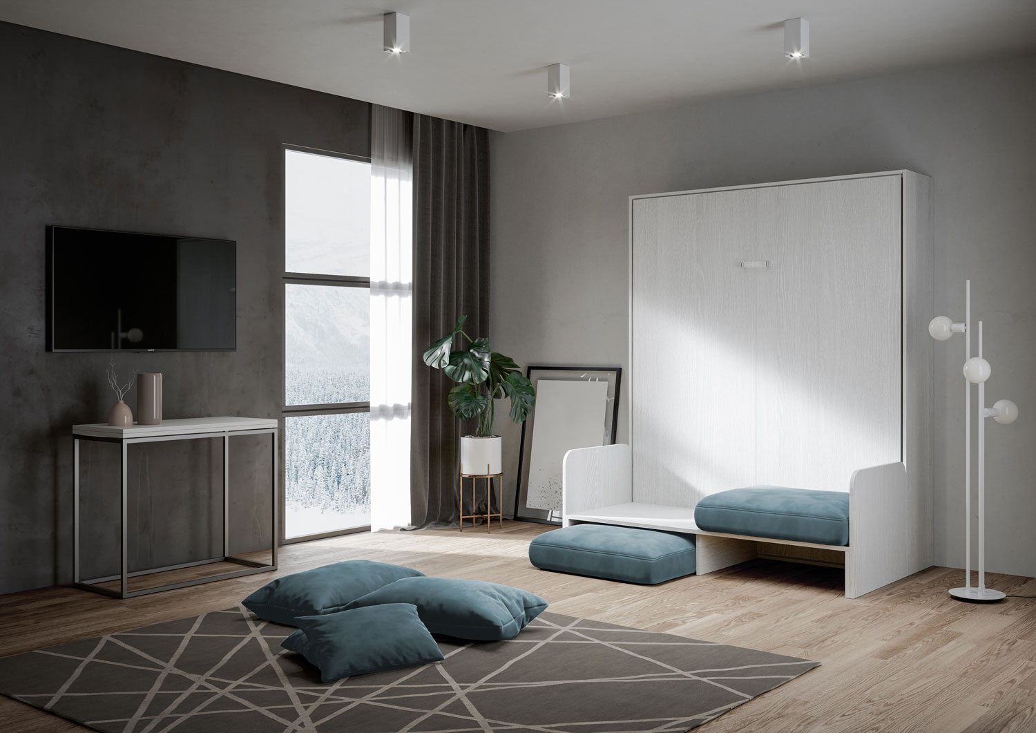 Letto matrimoniale a scomparsa 160 Kentaro con divano bianco frassino, azzurro L.173,6 P.105,2 H.210,5 cm (aperto P.215 cm) 2 Letto matrimoniale a scomparsa 160 Kentaro con divano bianco frassino, azzurro