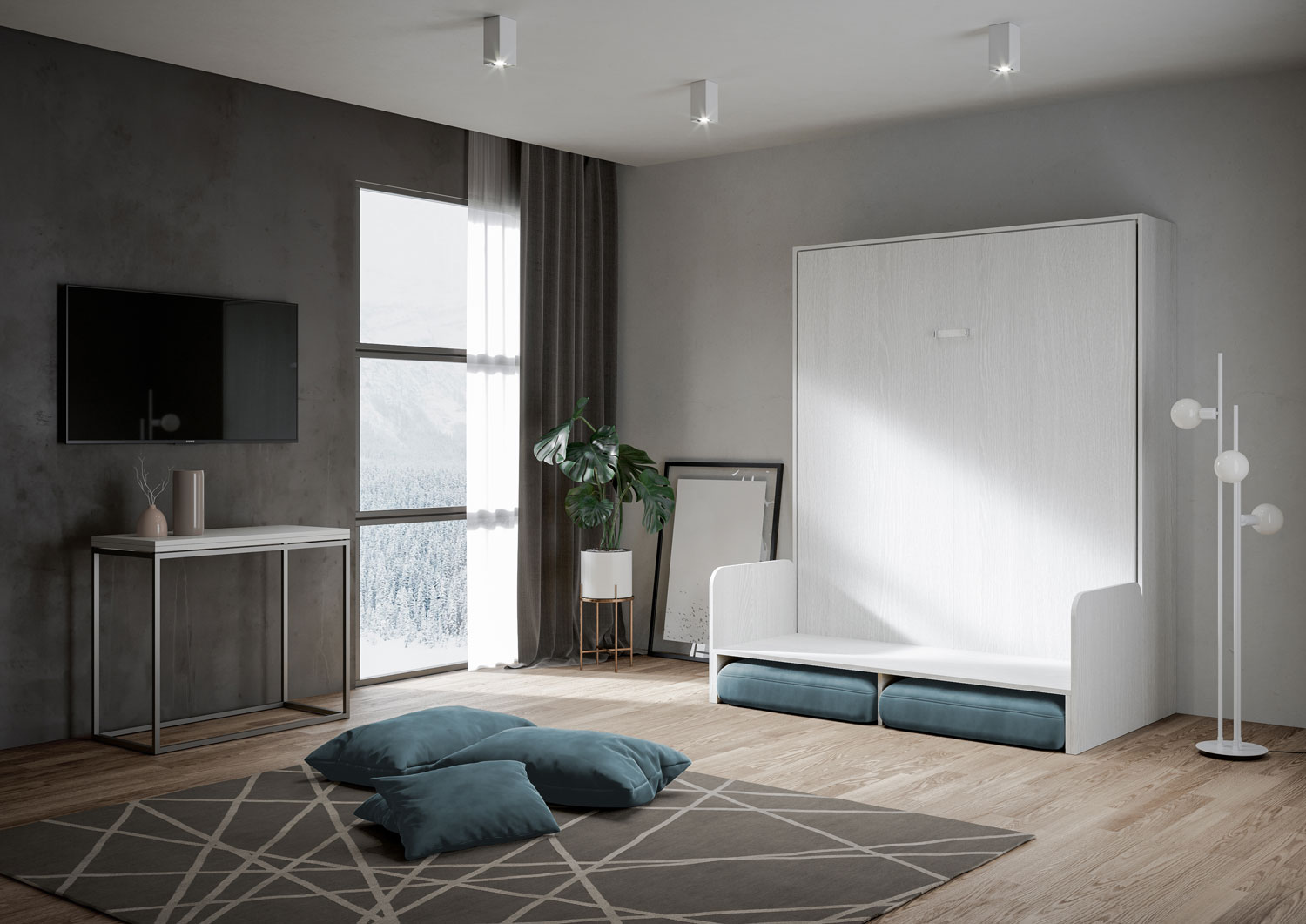 Letto matrimoniale a scomparsa 160 Kentaro con divano bianco frassino, azzurro L.173,6 P.105,2 H.210,5 cm (aperto P.215 cm) 3 Letto matrimoniale a scomparsa 160 Kentaro con divano bianco frassino, azzurro