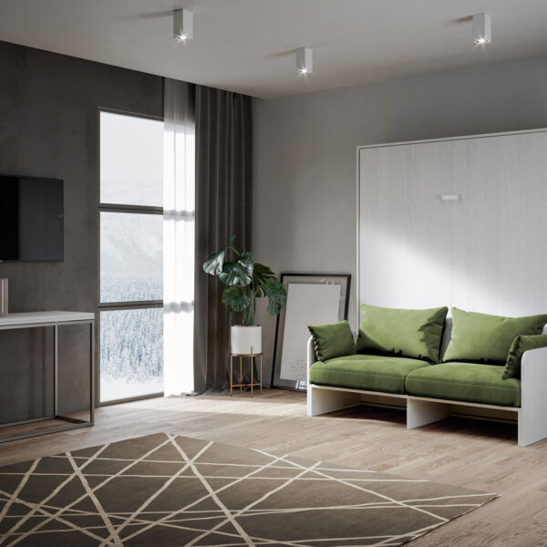 Letto matrimoniale a scomparsa 160 Kentaro con divano bianco frassino, verde