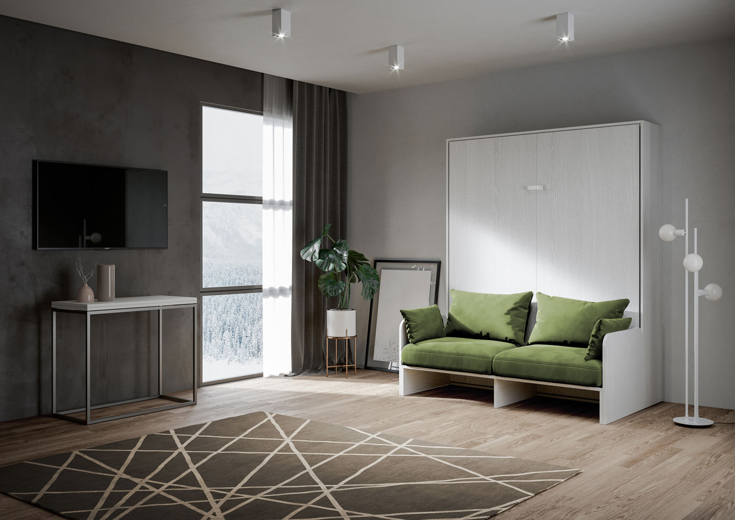 Letto matrimoniale a scomparsa 160 Kentaro con divano bianco frassino, verde L.173,6 P.105,2 H.210,5 cm (aperto P.215 cm) 1 Letto matrimoniale a scomparsa 160 Kentaro con divano bianco frassino, verde
