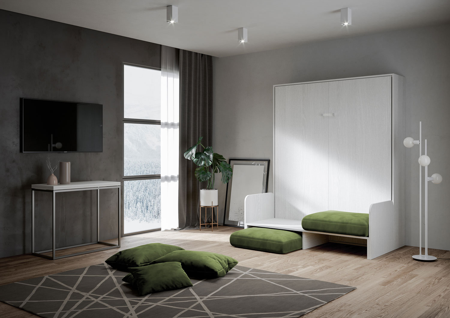Letto matrimoniale a scomparsa 160 Kentaro con divano bianco frassino, verde L.173,6 P.105,2 H.210,5 cm (aperto P.215 cm) 2 Letto matrimoniale a scomparsa 160 Kentaro con divano bianco frassino, verde