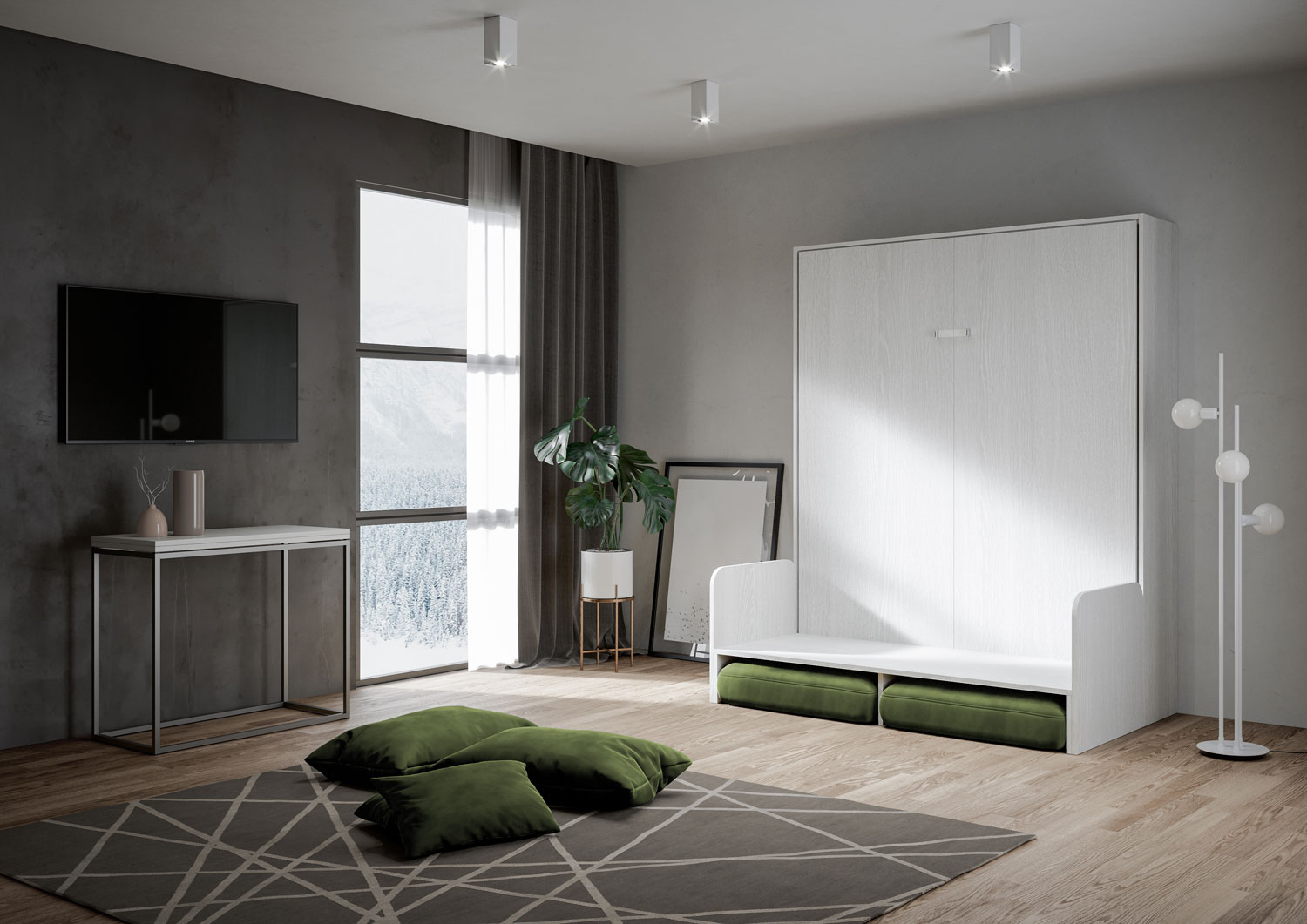 Letto matrimoniale a scomparsa 160 Kentaro con divano bianco frassino, verde L.173,6 P.105,2 H.210,5 cm (aperto P.215 cm) 3 Letto matrimoniale a scomparsa 160 Kentaro con divano bianco frassino, verde