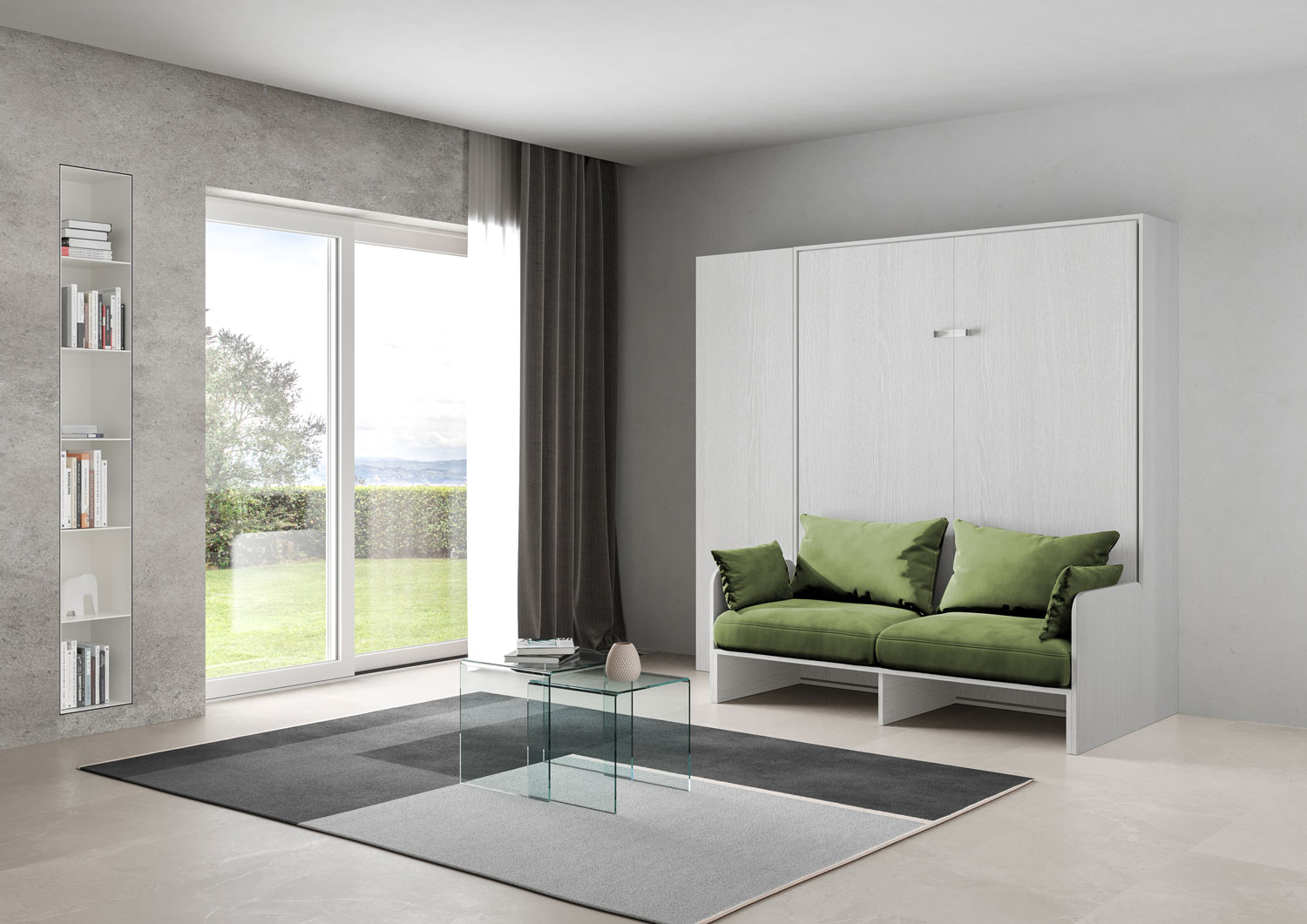 Letto matrimoniale a scomparsa 160 Kentaro con divano e colonna bianco frassino, verde L.233,6 P.105,2 H.210,5 cm (aperto P.215 cm) 1 Letto matrimoniale a scomparsa 160 Kentaro con divano e colonna bianco frassino, verde