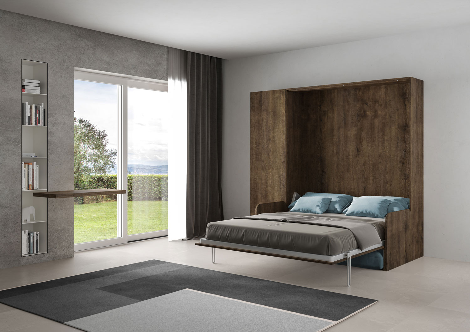 Letto matrimoniale a scomparsa 160 Kentaro con divano e colonna noce, azzurro L.233,6 P.105,2 H.210,5 cm (aperto P.215 cm) 2 Letto matrimoniale a scomparsa 160 Kentaro con divano e colonna noce, azzurro
