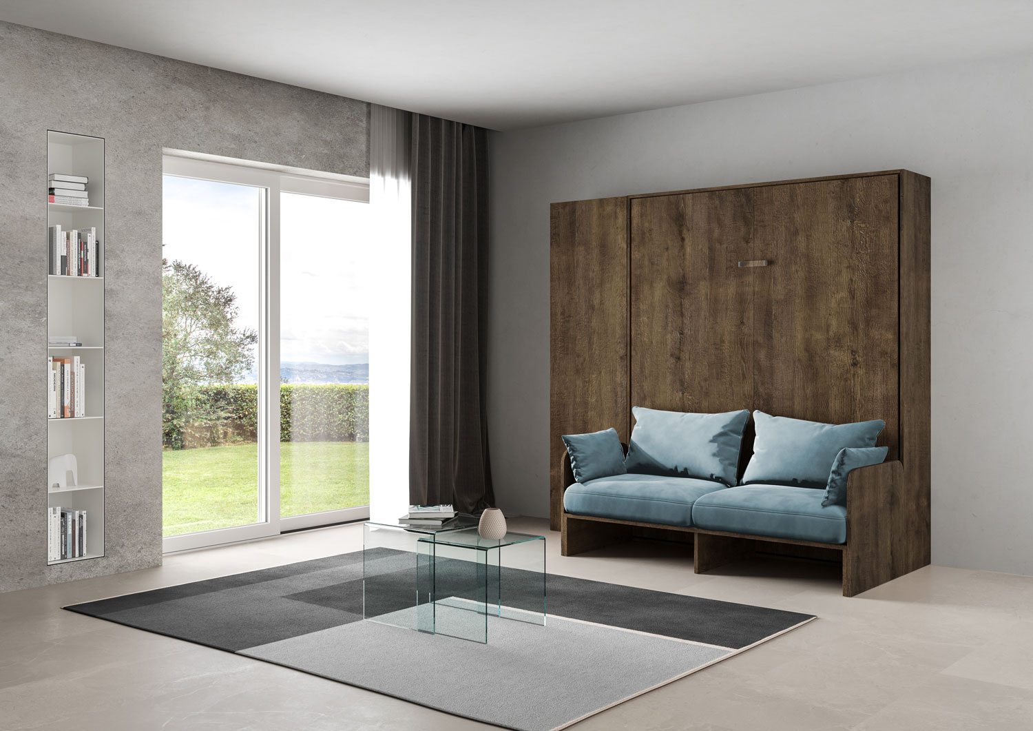 Letto matrimoniale a scomparsa 160 Kentaro con divano e colonna noce, azzurro L.233,6 P.105,2 H.210,5 cm (aperto P.215 cm) 1 Letto matrimoniale a scomparsa 160 Kentaro con divano e colonna noce, azzurro