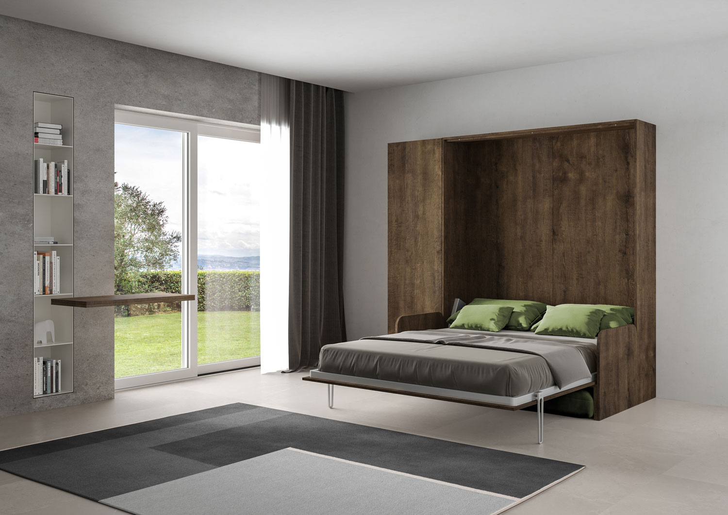 Letto matrimoniale a scomparsa 160 Kentaro con divano e colonna noce, verde L.233,6 P.105,2 H.210,5 cm (aperto P.215 cm) 2 Letto matrimoniale a scomparsa 160 Kentaro con divano e colonna noce, verde