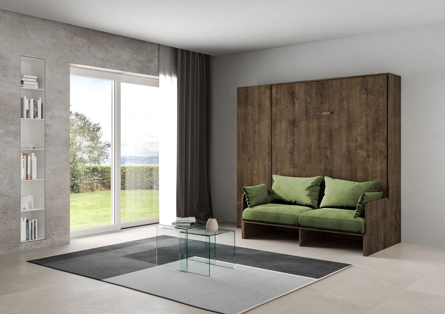 Letto matrimoniale a scomparsa 160 Kentaro con divano e colonna noce, verde L.233,6 P.105,2 H.210,5 cm (aperto P.215 cm) 1 Letto matrimoniale a scomparsa 160 Kentaro con divano e colonna noce, verde