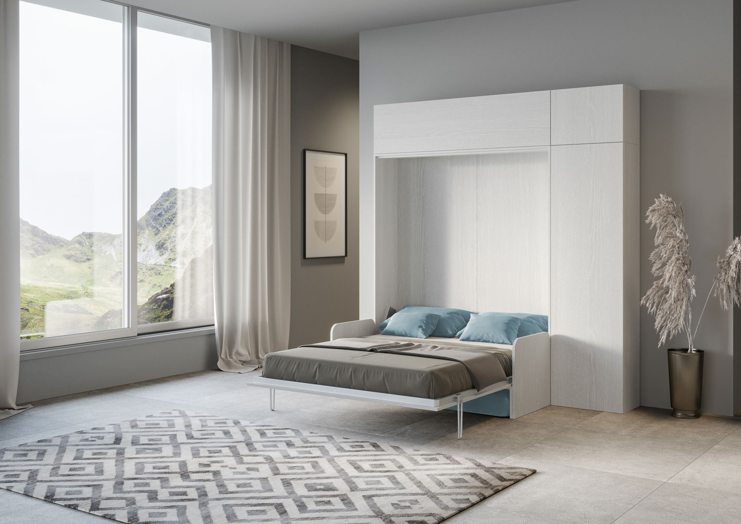 Letto matrimoniale a scomparsa 160 Kentaro con divano e mobili bianco frassino, azzurro L.233,6 P.105,2 H.250,5 cm (aperto P.215 cm) 2 Letto matrimoniale a scomparsa 160 Kentaro con divano e mobili bianco frassino, azzurro
