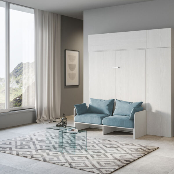 Letto matrimoniale a scomparsa 160 Kentaro con divano e mobili bianco frassino, azzurro