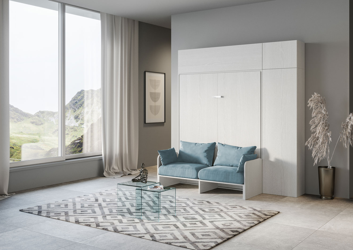 Letto matrimoniale a scomparsa 160 Kentaro con divano e mobili bianco frassino, azzurro L.233,6 P.105,2 H.250,5 cm (aperto P.215 cm) 1 Letto matrimoniale a scomparsa 160 Kentaro con divano e mobili bianco frassino, azzurro