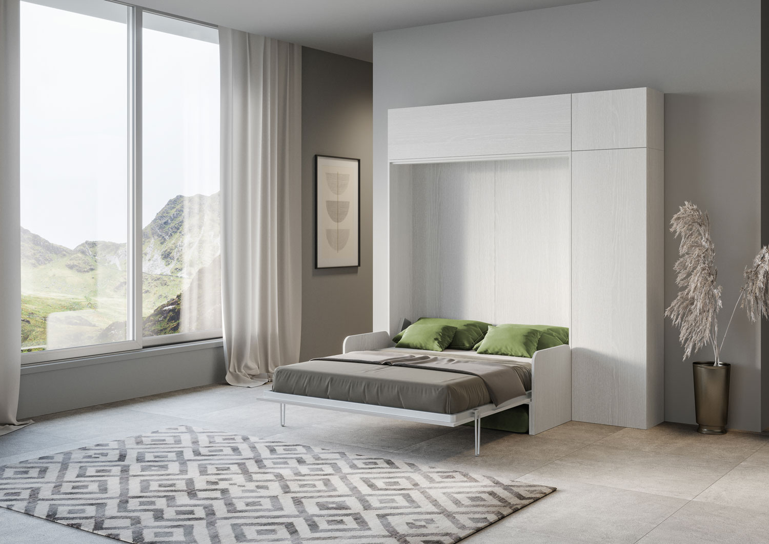 Letto matrimoniale a scomparsa 160 Kentaro con divano e mobili bianco frassino, verde L.233,6 P.105,2 H.250,5 cm (aperto P.215 cm) 2 Letto matrimoniale a scomparsa 160 Kentaro con divano e mobili bianco frassino, verde