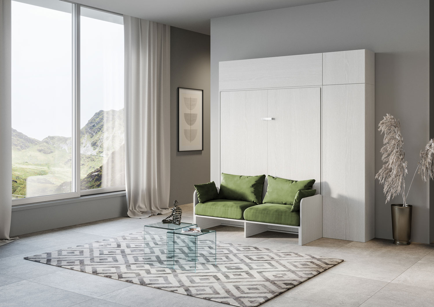 Letto matrimoniale a scomparsa 160 Kentaro con divano e mobili bianco frassino, verde L.233,6 P.105,2 H.250,5 cm (aperto P.215 cm) 1 Letto matrimoniale a scomparsa 160 Kentaro con divano e mobili bianco frassino, verde