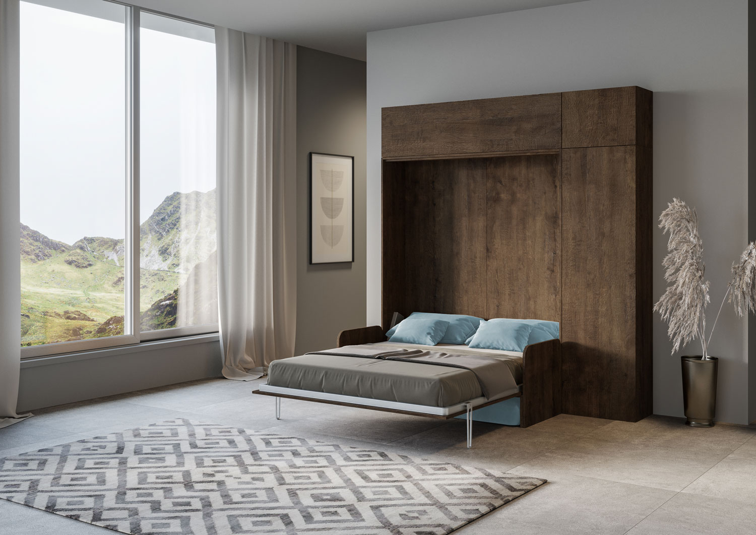 Letto matrimoniale a scomparsa 160 Kentaro con divano e mobili noce, azzurro L.233,6 P.105,2 H.250,5 cm (aperto P.215 cm) 2 Letto matrimoniale a scomparsa 160 Kentaro con divano e mobili noce, azzurro