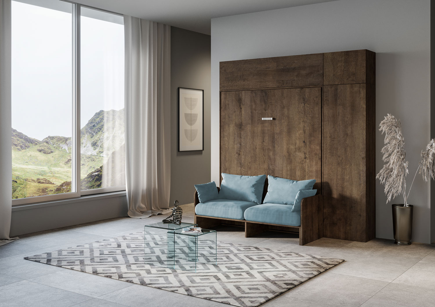 Letto matrimoniale a scomparsa 160 Kentaro con divano e mobili noce, azzurro L.233,6 P.105,2 H.250,5 cm (aperto P.215 cm) 1 Letto matrimoniale a scomparsa 160 Kentaro con divano e mobili noce, azzurro