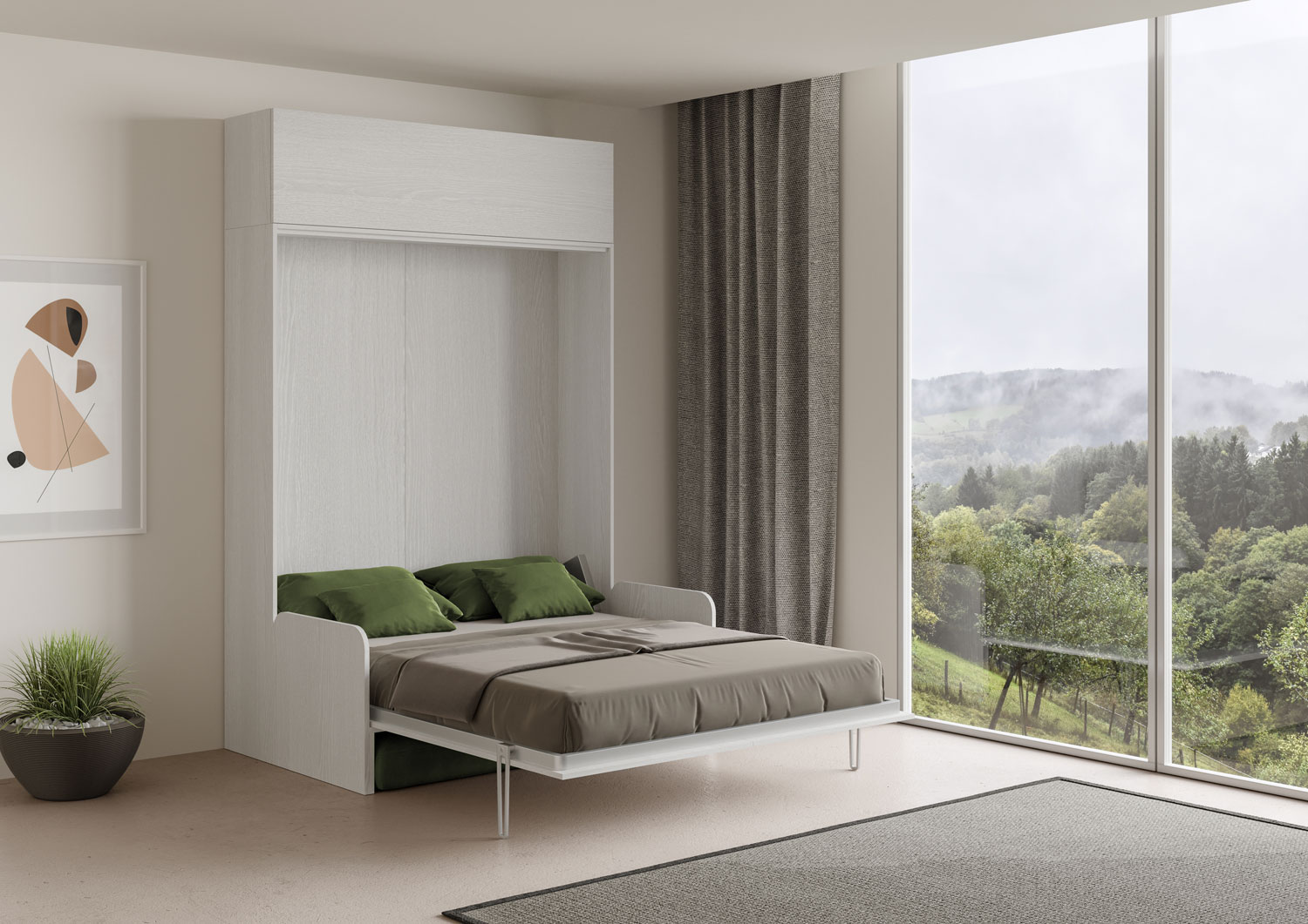 Letto matrimoniale a scomparsa 160 Kentaro con divano e pensile bianco frassino, verde L.173,6 P.105,2 H.250,5 cm (aperto P.215 cm) 2 Letto matrimoniale a scomparsa 160 Kentaro con divano e pensile bianco frassino, verde