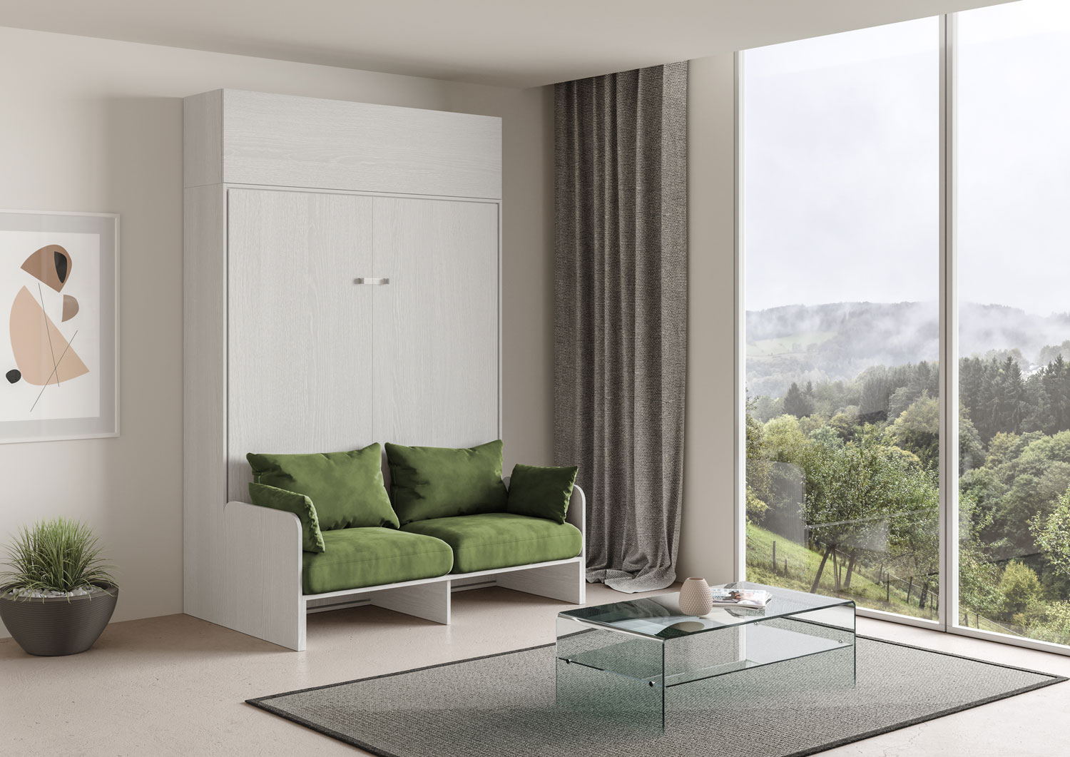 Letto matrimoniale a scomparsa 160 Kentaro con divano e pensile bianco frassino, verde L.173,6 P.105,2 H.250,5 cm (aperto P.215 cm) 1 Letto matrimoniale a scomparsa 160 Kentaro con divano e pensile bianco frassino, verde