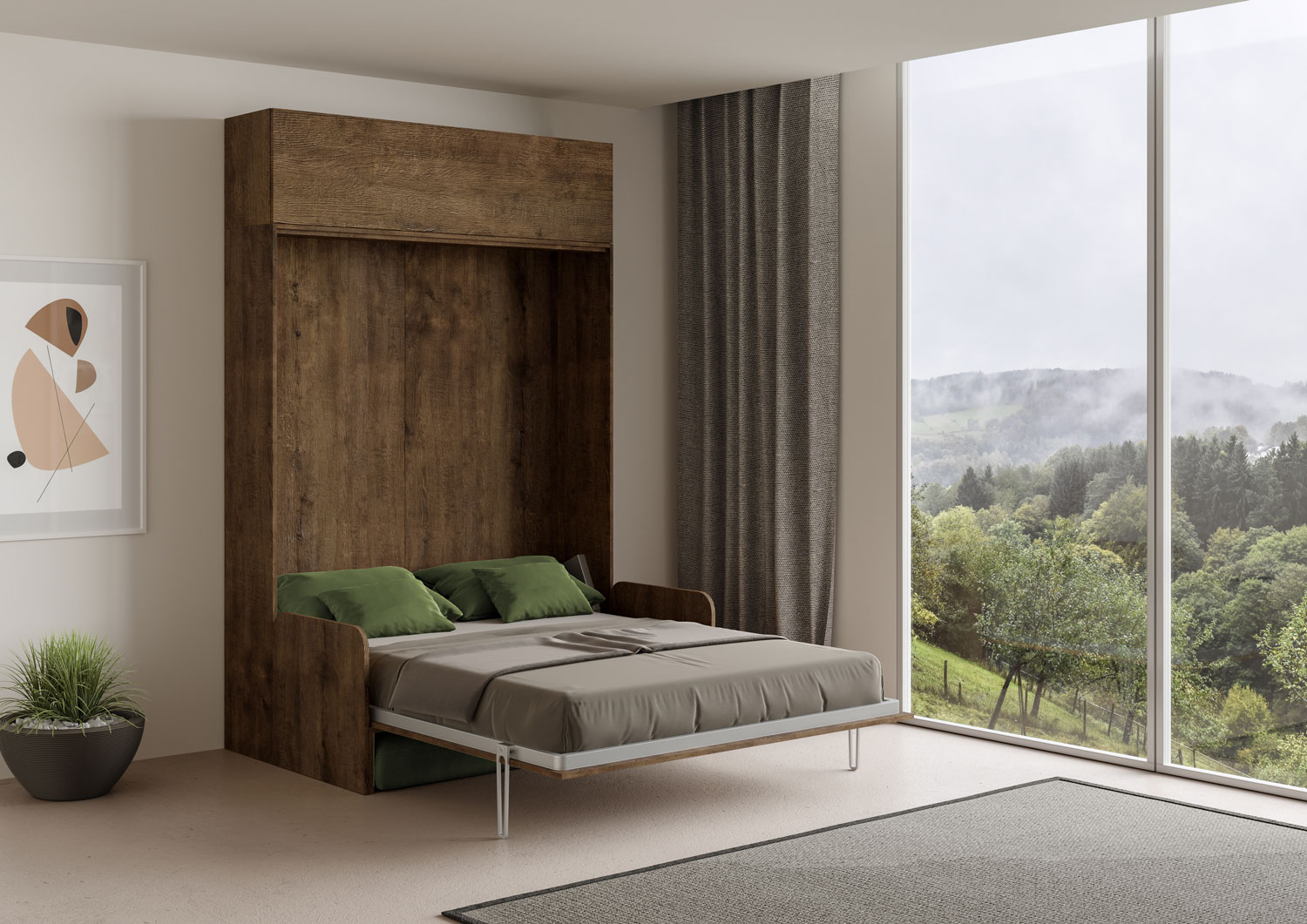 Letto matrimoniale a scomparsa 160 Kentaro con divano e pensile noce, verde L.173,6 P.105,2 H.250,5 cm (aperto P.215 cm) 2 Letto matrimoniale a scomparsa 160 Kentaro con divano e pensile noce, verde