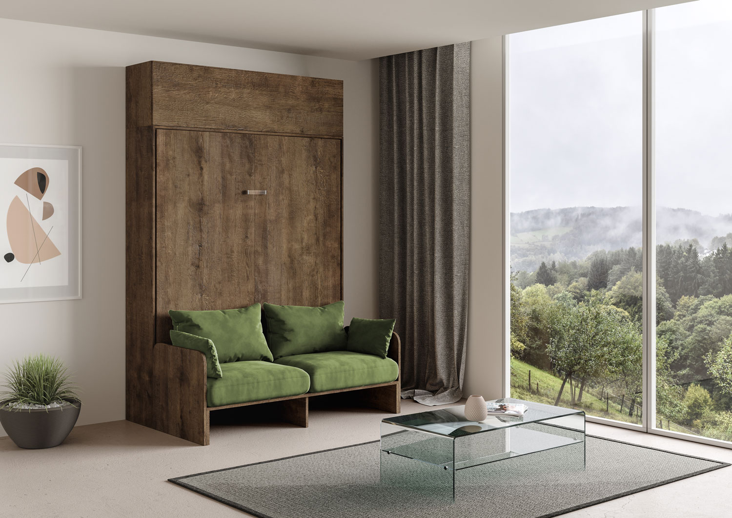 Letto matrimoniale a scomparsa 160 Kentaro con divano e pensile noce, verde L.173,6 P.105,2 H.250,5 cm (aperto P.215 cm) 1 Letto matrimoniale a scomparsa 160 Kentaro con divano e pensile noce, verde