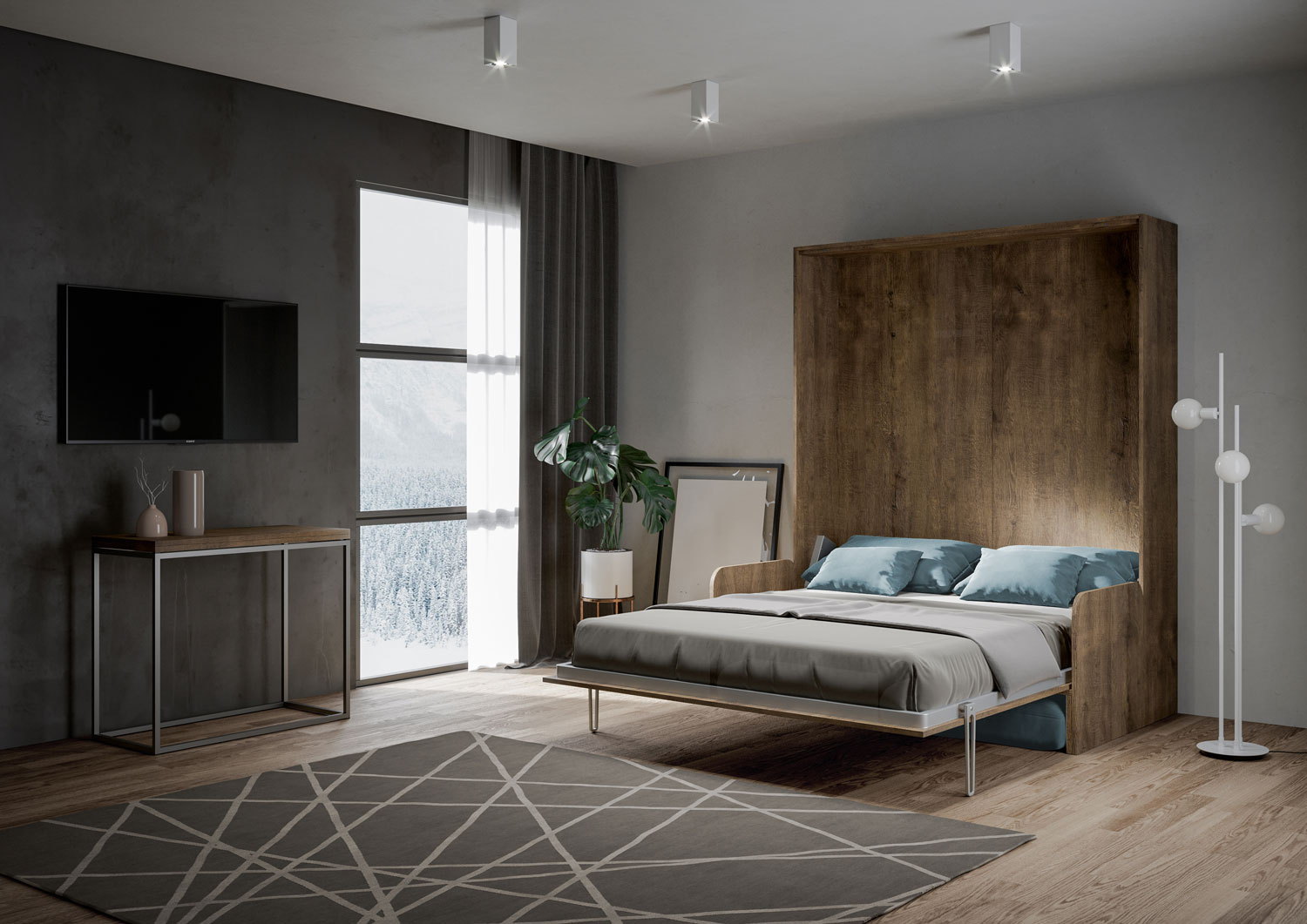 Letto matrimoniale a scomparsa 160 Kentaro con divano noce, azzurro L.173,6 P.105,2 H.210,5 cm (aperto P.215 cm) 4 Letto matrimoniale a scomparsa 160 Kentaro con divano noce, azzurro
