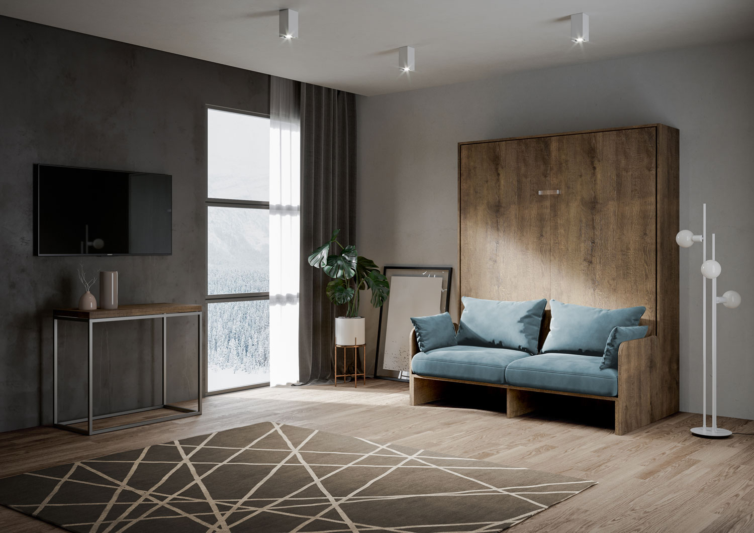 Letto matrimoniale a scomparsa 160 Kentaro con divano noce, azzurro L.173,6 P.105,2 H.210,5 cm (aperto P.215 cm) 1 Letto matrimoniale a scomparsa 160 Kentaro con divano noce, azzurro