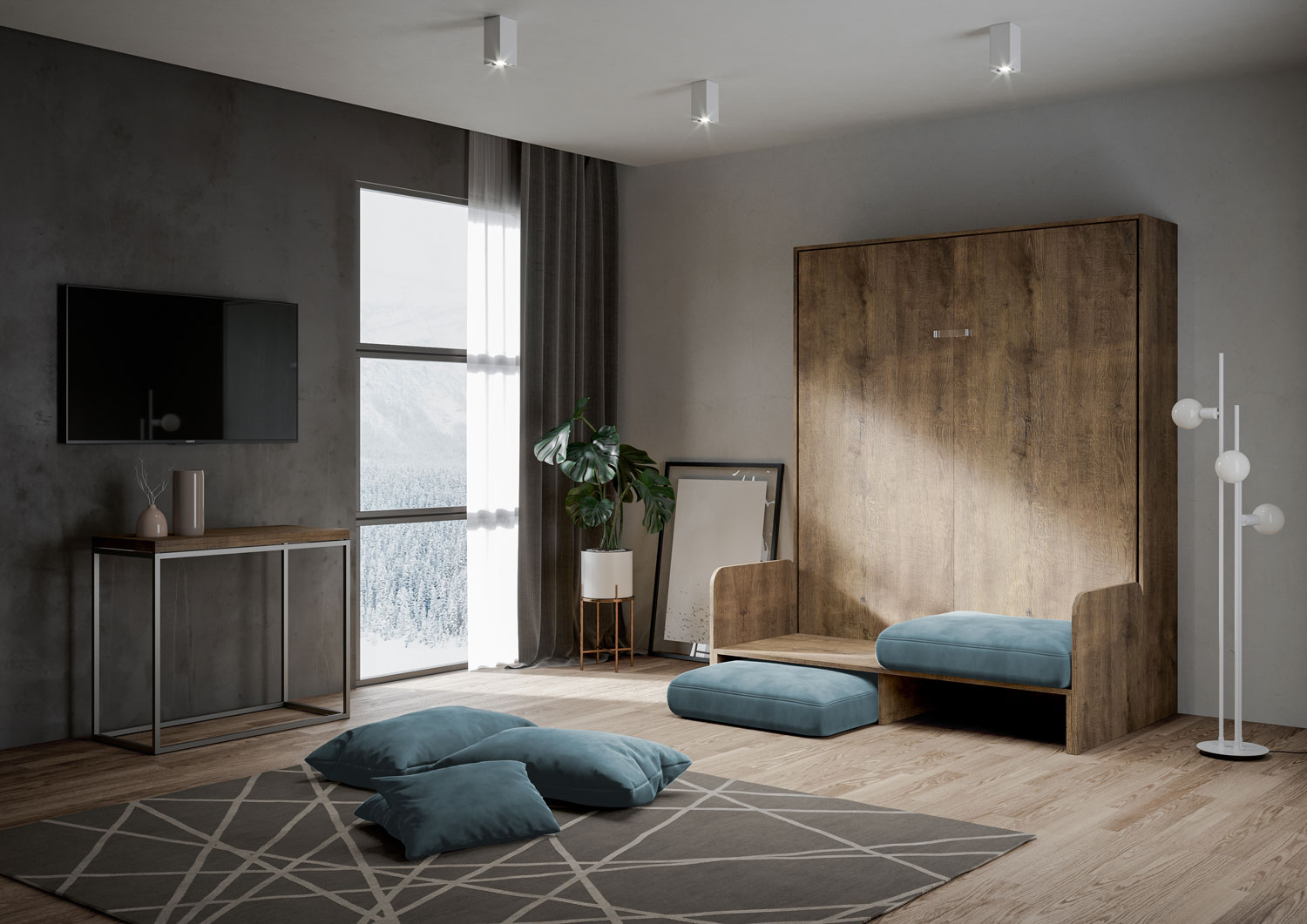 Letto matrimoniale a scomparsa 160 Kentaro con divano noce, azzurro L.173,6 P.105,2 H.210,5 cm (aperto P.215 cm) 2 Letto matrimoniale a scomparsa 160 Kentaro con divano noce, azzurro