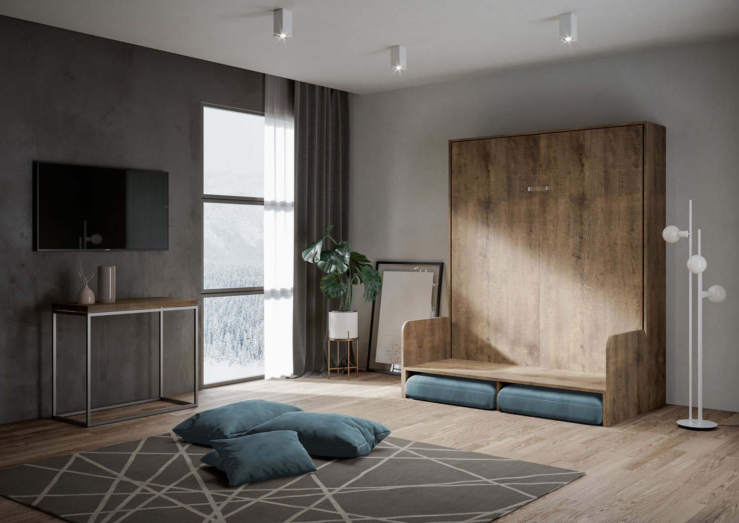 Letto matrimoniale a scomparsa 160 Kentaro con divano noce, azzurro L.173,6 P.105,2 H.210,5 cm (aperto P.215 cm) 3 Letto matrimoniale a scomparsa 160 Kentaro con divano noce, azzurro