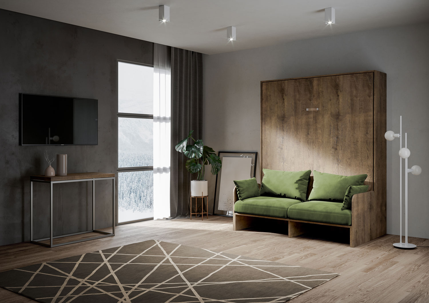 Letto matrimoniale a scomparsa 160 Kentaro con divano noce, verde L.173,6 P.105,2 H.210,5 cm (aperto P.215 cm) 1 Letto matrimoniale a scomparsa 160 Kentaro con divano noce, verde