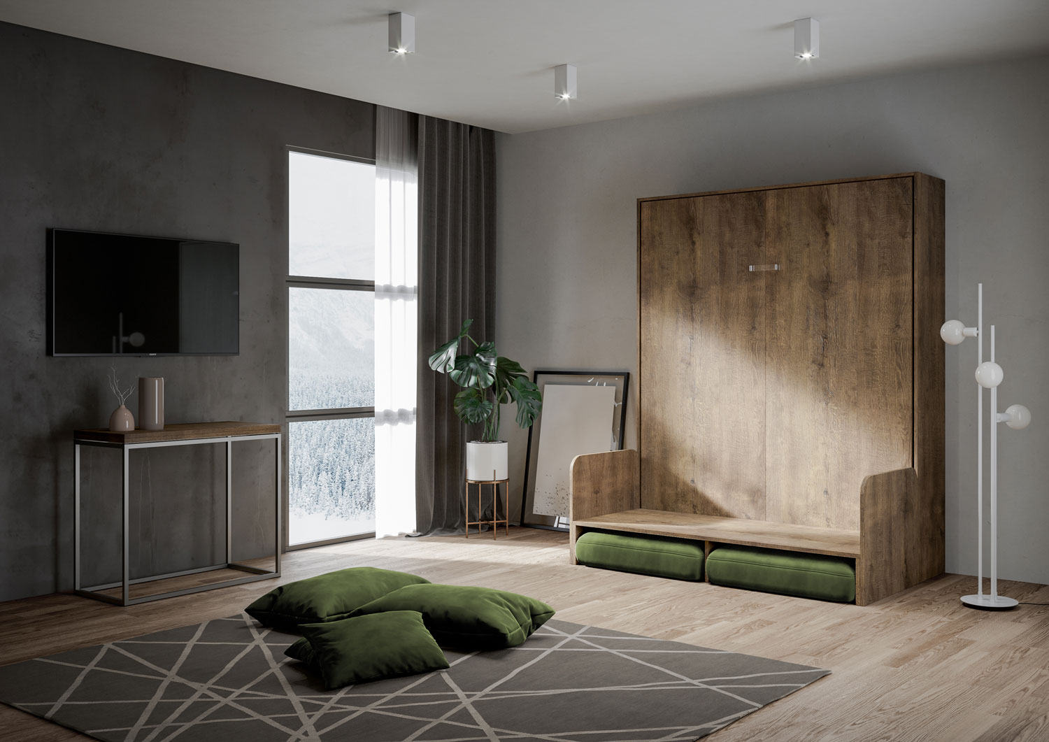 Letto matrimoniale a scomparsa 160 Kentaro con divano noce, verde L.173,6 P.105,2 H.210,5 cm (aperto P.215 cm) 3 Letto matrimoniale a scomparsa 160 Kentaro con divano noce, verde