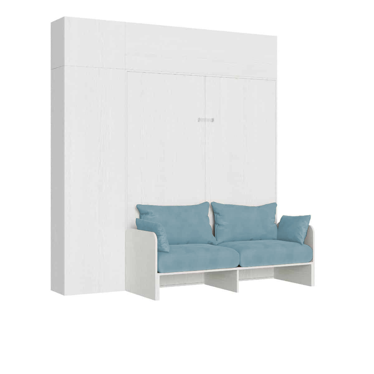 Letto matrimoniale a scomparsa 160 Kentaro con divano e mobili bianco frassino, azzurro L.233,6 P.105,2 H.250,5 cm (aperto P.215 cm) 6 Letto matrimoniale a scomparsa 160 Kentaro con divano e mobili bianco frassino, azzurro