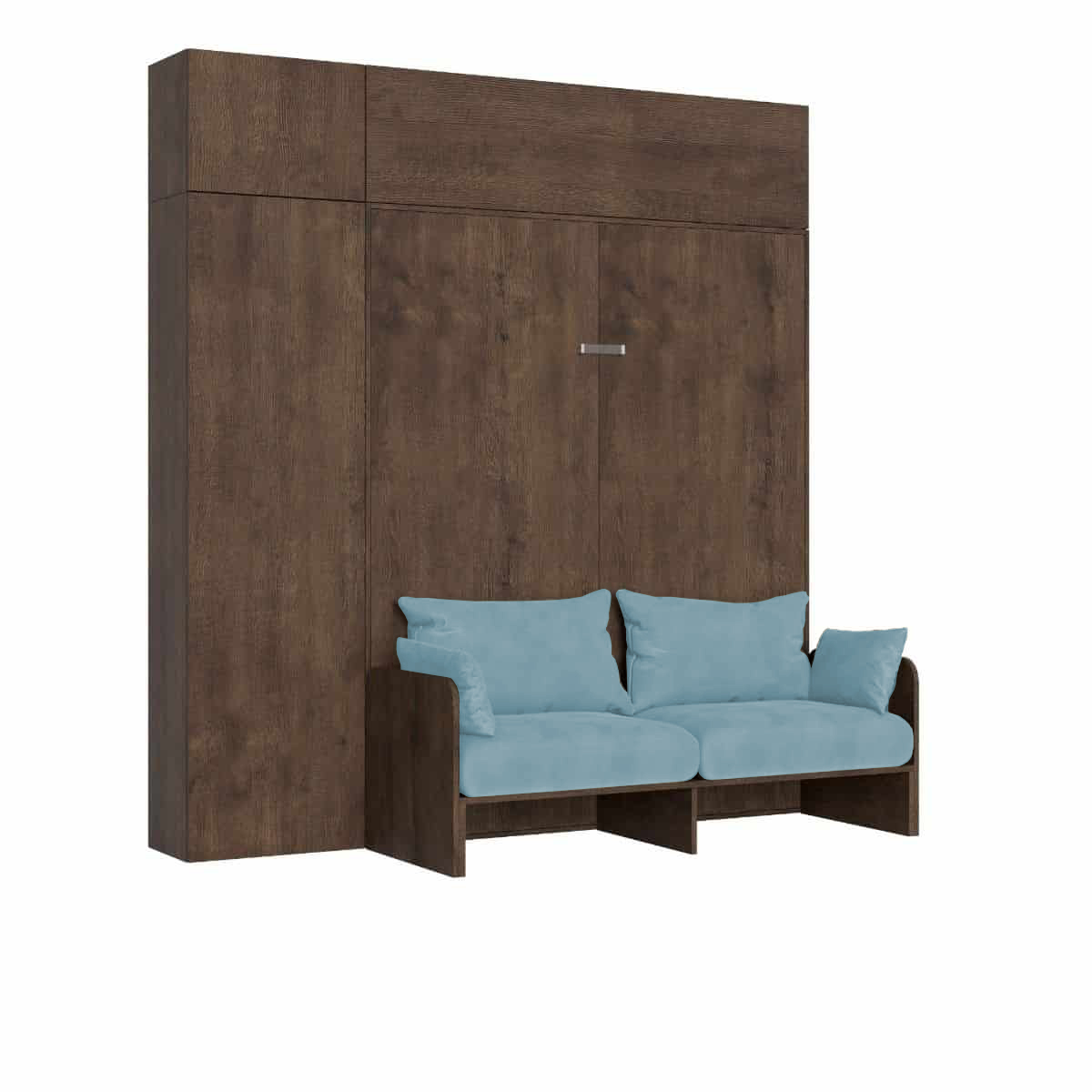 Letto matrimoniale a scomparsa 160 Kentaro con divano e mobili noce, azzurro L.233,6 P.105,2 H.250,5 cm (aperto P.215 cm) 6 Letto matrimoniale a scomparsa 160 Kentaro con divano e mobili noce, azzurro