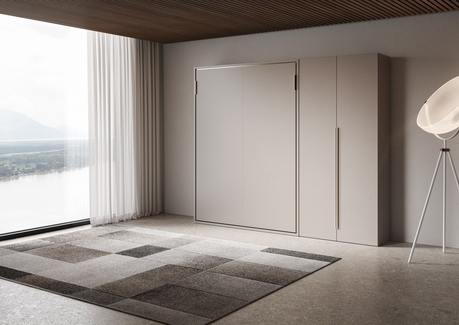 Letto matrimoniale francese a scomparsa 140 Versia con armadio dx 2 ante argilla L.255,2 P.40,5 H.218,3 cm (aperto P.224 cm) 1 Letto matrimoniale a scomparsa 160 Versia con armadio dx 2 ante argilla