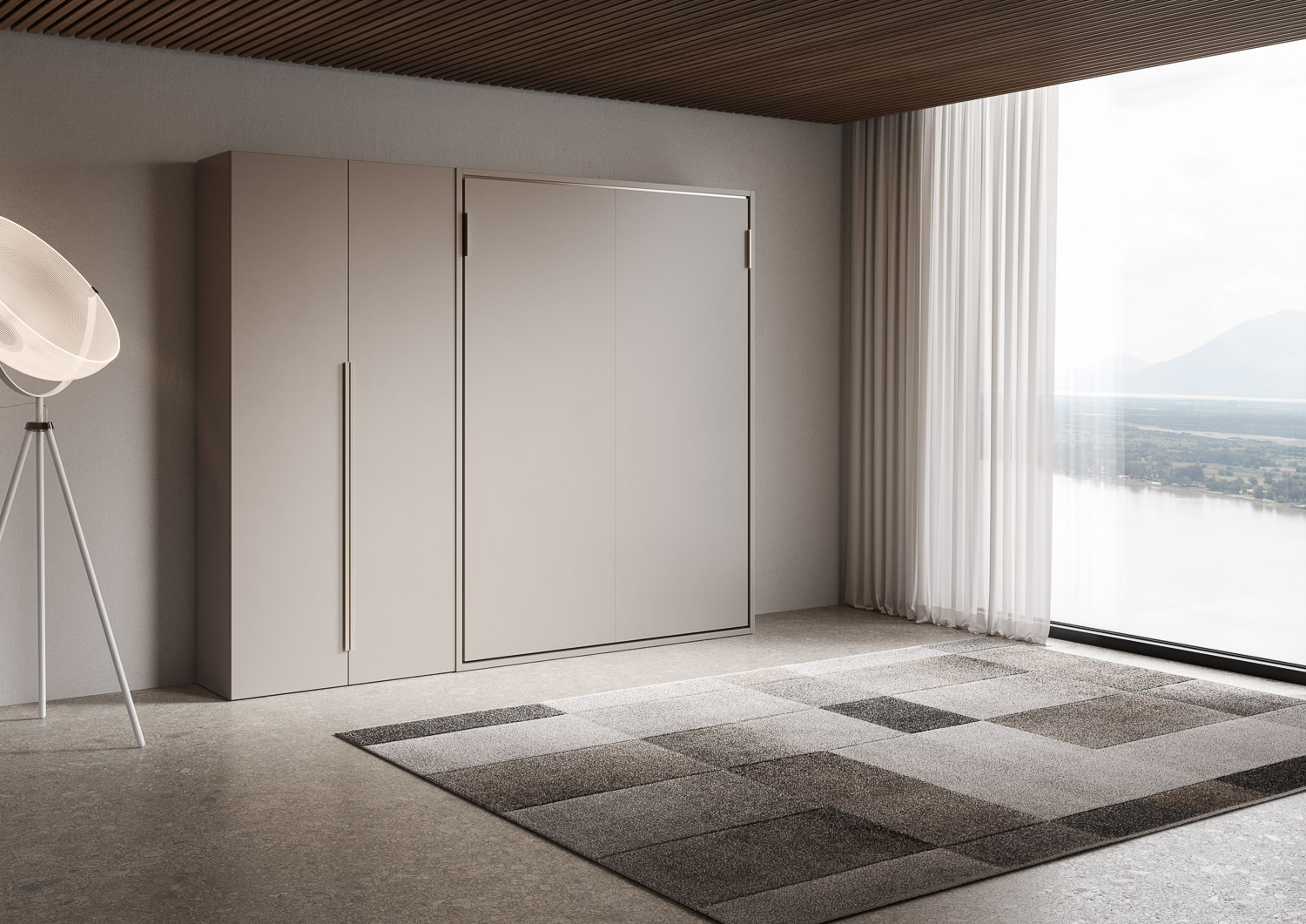 Letto matrimoniale francese a scomparsa 140 Versia con armadio sx 2 ante argilla L.255,2 P.40,5 H.218,3 cm (aperto P.224 cm) 1 Letto matrimoniale a scomparsa 160 Versia con armadio sx 2 ante argilla