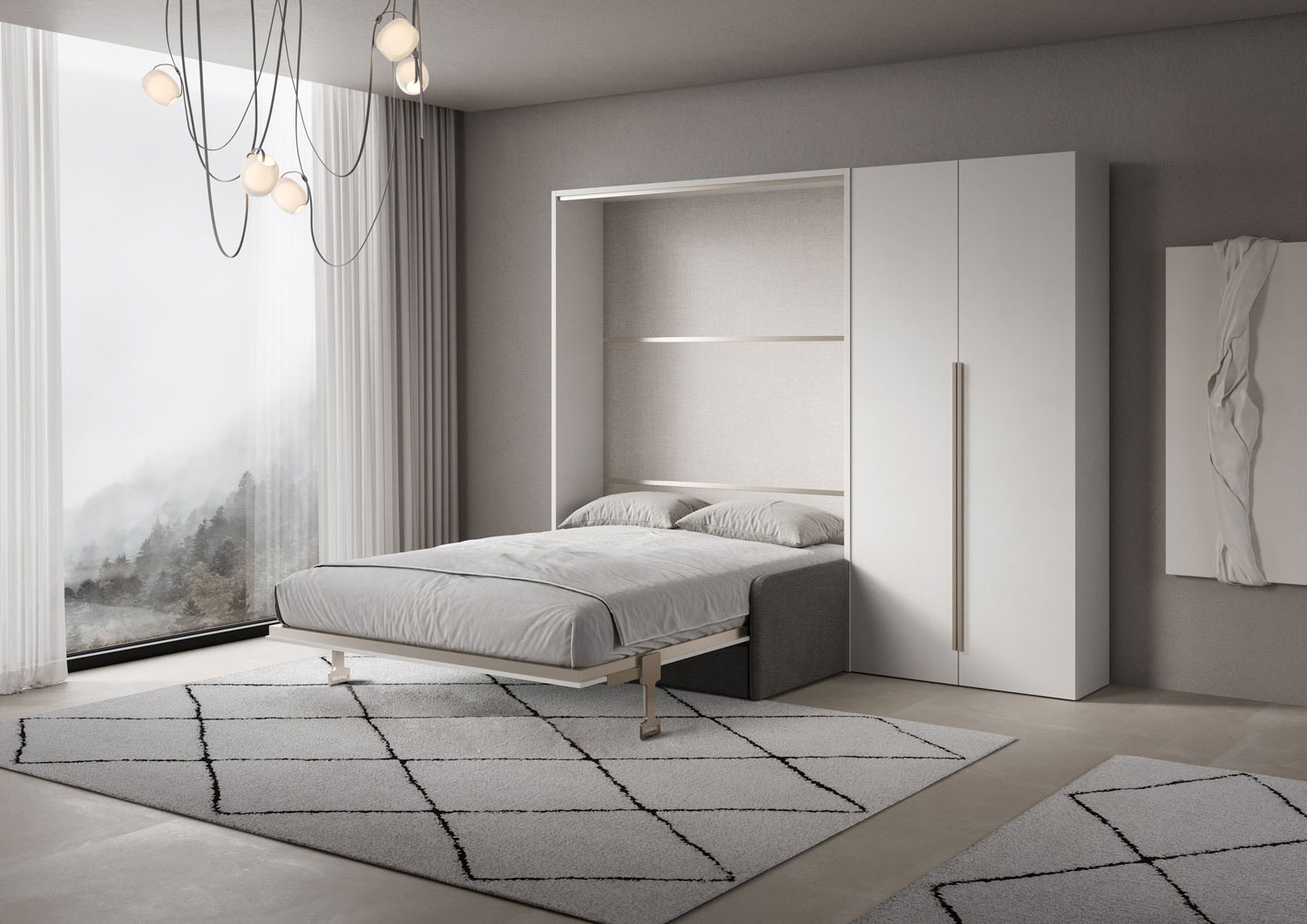 Letto matrimoniale francese a scomparsa 140 Versia con divano e armadio dx 2 ante bianco L.255,2 P.123 H.218,3 cm (aperto P.224 cm) 2 Letto matrimoniale a scomparsa 160 Versia con divano e armadio dx 2 ante bianco