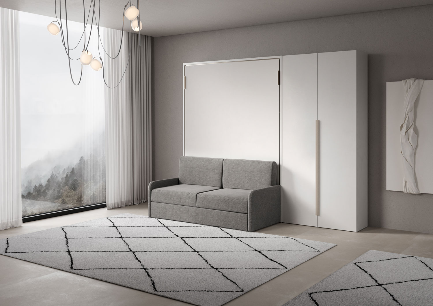 Letto matrimoniale francese a scomparsa 140 Versia con divano e armadio dx 2 ante bianco L.255,2 P.123 H.218,3 cm (aperto P.224 cm) 1 Letto matrimoniale a scomparsa 160 Versia con divano e armadio dx 2 ante bianco