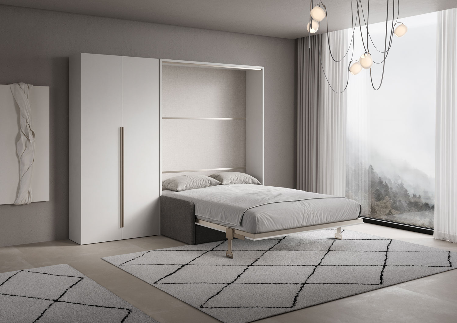 Letto matrimoniale a scomparsa 160 Versia con divano e armadio sx 2 ante bianco L.275,2 P.123 H.218,3 cm (aperto P.224 cm) 2 Letto matrimoniale a scomparsa 160 Versia con divano e armadio sx 2 ante bianco