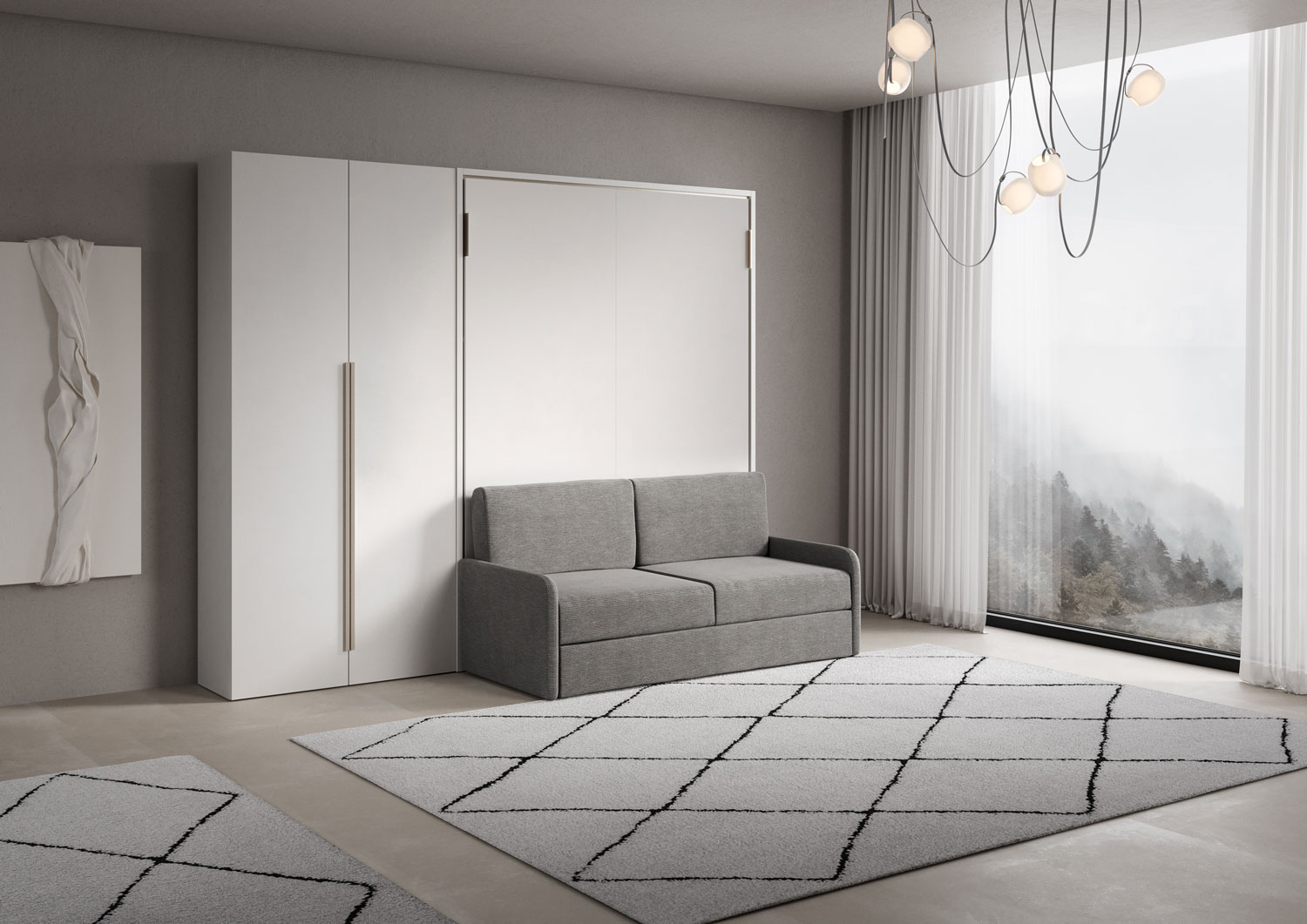 Letto matrimoniale a scomparsa 160 Versia con divano e armadio sx 2 ante bianco L.275,2 P.123 H.218,3 cm (aperto P.224 cm) 1 Letto matrimoniale a scomparsa 160 Versia con divano e armadio sx 2 ante bianco