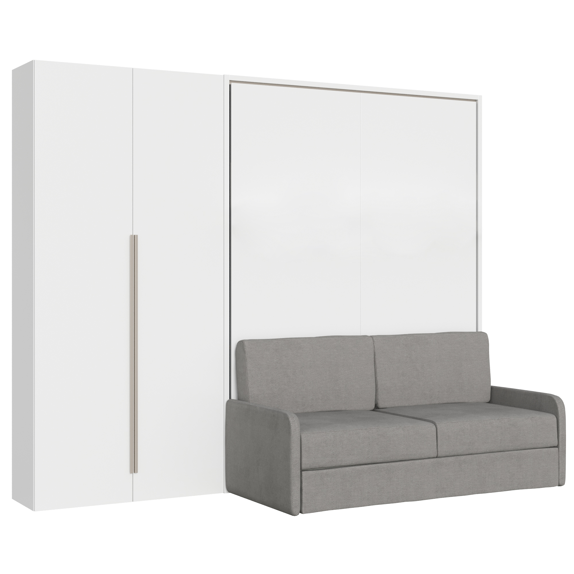 Letto matrimoniale francese a scomparsa 140 Versia con divano e armadio sx 2 ante bianco L.255,2 P.123 H.218,3 cm (aperto P.224 cm) 7 Letto matrimoniale a scomparsa 160 Versia con divano e armadio sx 2 ante bianco