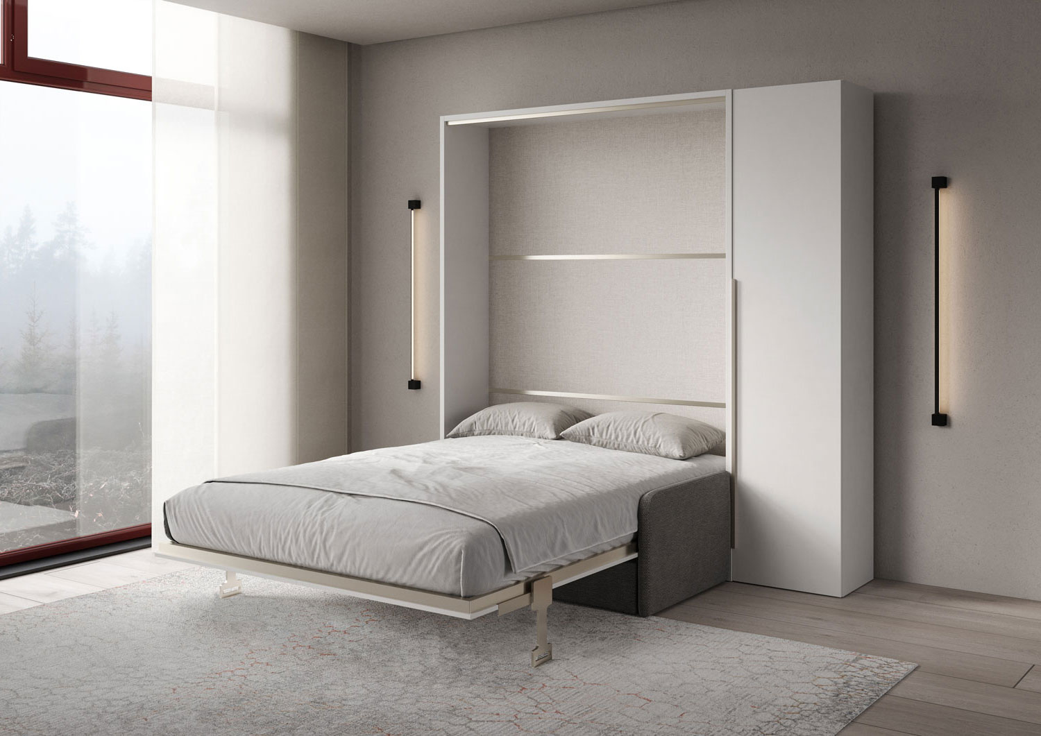 Letto matrimoniale francese a scomparsa 140 Versia con divano e armadio 1 anta dx bianco L.205,2 P.123 H.218,3 cm (aperto P.224 cm) 2 Letto matrimoniale a scomparsa 160 Versia con divano e armadio 1 anta dx bianco