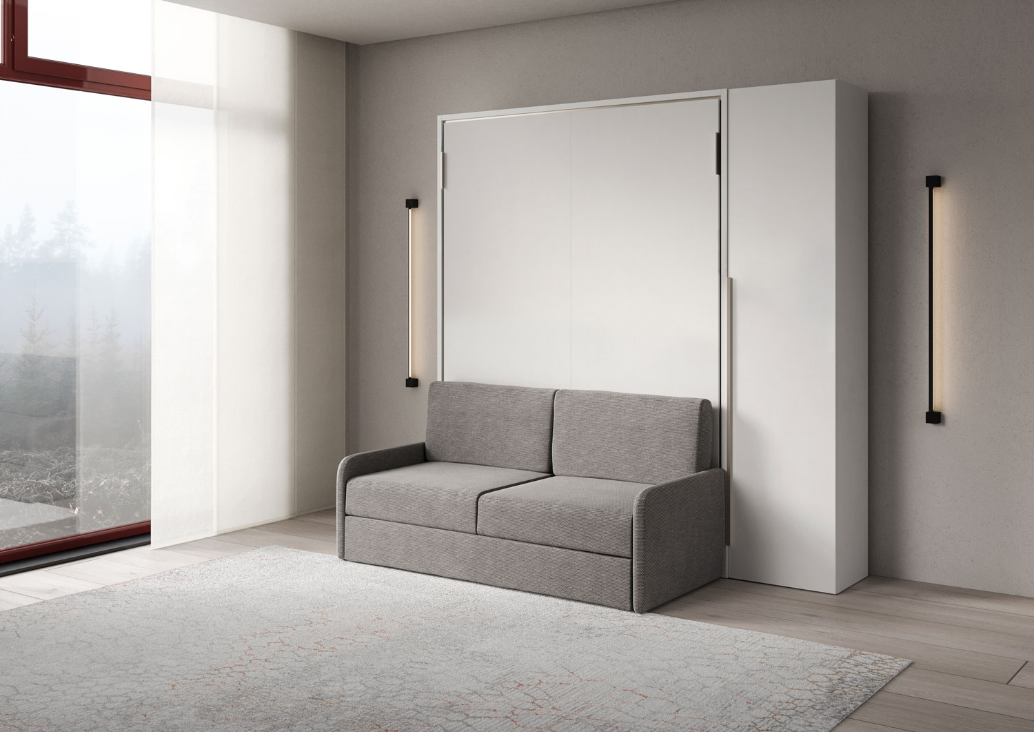 Letto matrimoniale francese a scomparsa 140 Versia con divano e armadio 1 anta dx bianco L.205,2 P.123 H.218,3 cm (aperto P.224 cm) 1 Letto matrimoniale a scomparsa 160 Versia con divano e armadio 1 anta dx bianco