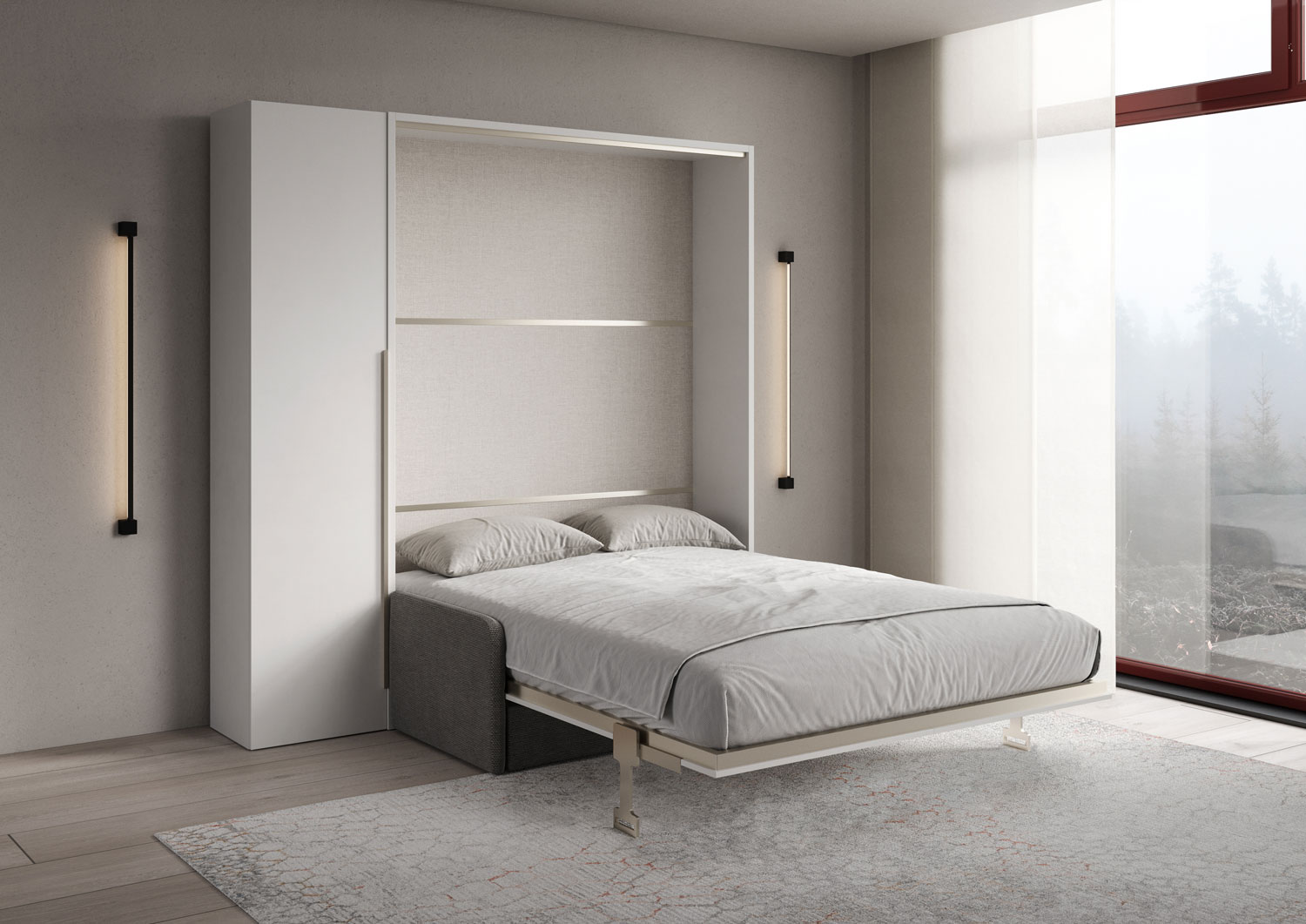 Letto matrimoniale francese a scomparsa 140 Versia con divano e armadio 1 anta sx bianco L.205,2 P.123 H.218,3 cm (aperto P.224 cm) 2 Letto matrimoniale a scomparsa 160 Versia con divano e armadio 1 anta sx bianco