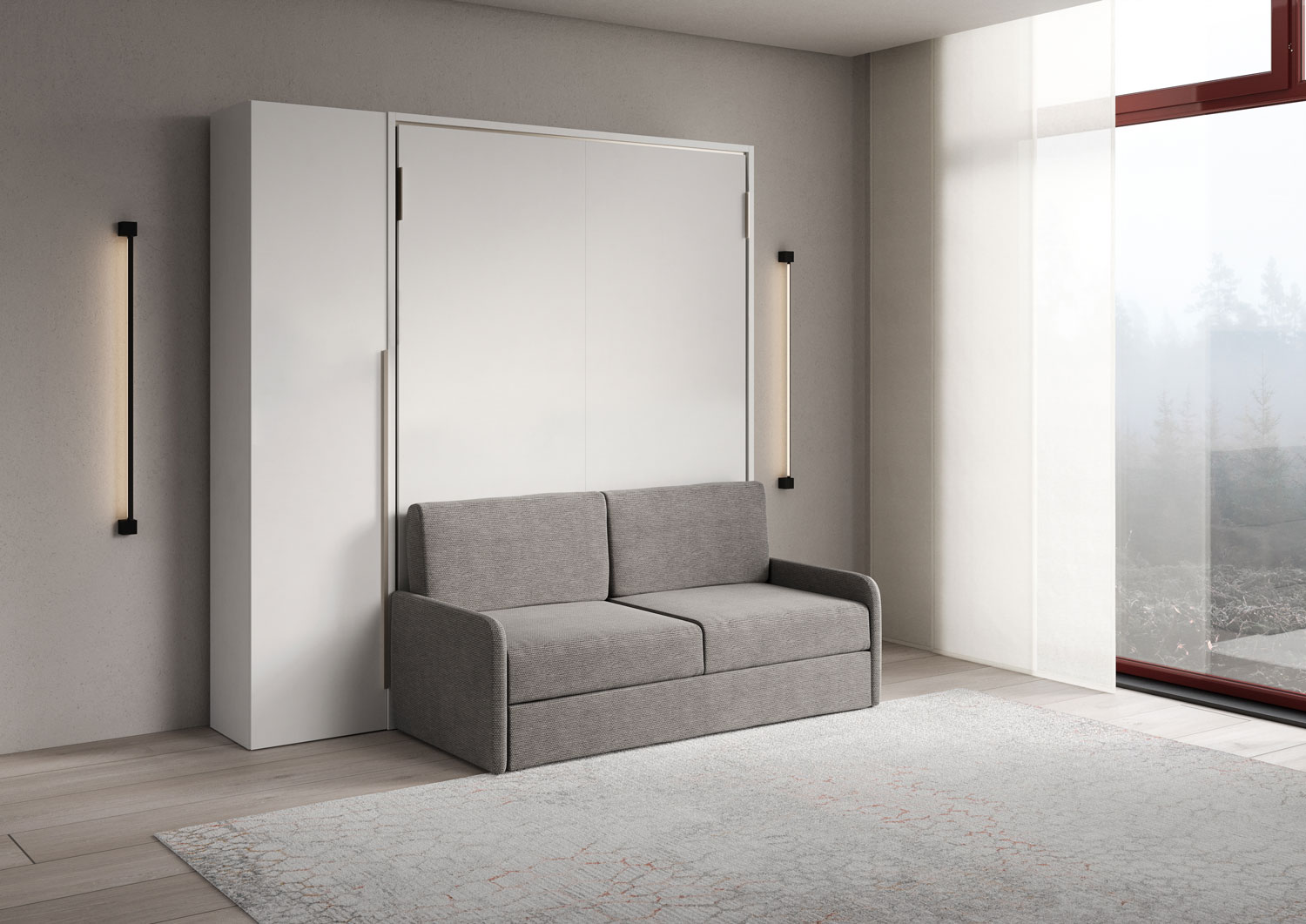 Letto matrimoniale francese a scomparsa 140 Versia con divano e armadio 1 anta sx bianco L.205,2 P.123 H.218,3 cm (aperto P.224 cm) 1 Letto matrimoniale a scomparsa 160 Versia con divano e armadio 1 anta sx bianco