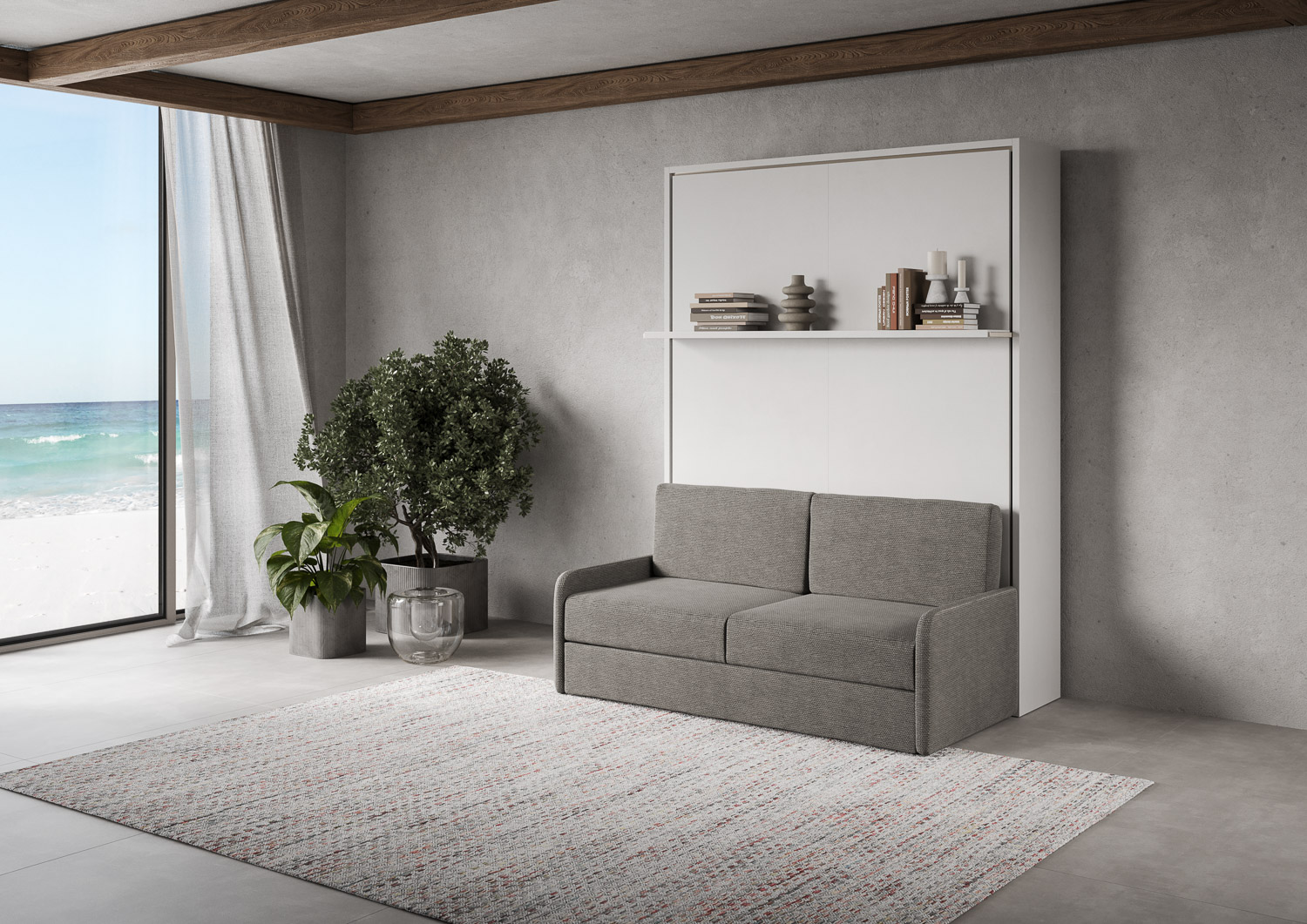 Letto matrimoniale a scomparsa 160 Versia con divano e mensola bianco L.175,2 P.123 H.218,3 cm (aperto P.224 cm) 1 Letto matrimoniale a scomparsa 160 Versia con divano e mensola bianco