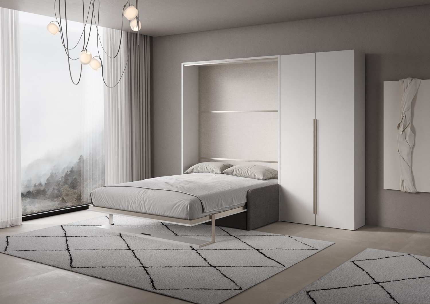 Letto matrimoniale francese a scomparsa 140 Versia con divano, mensola e armadio dx 2 ante bianco L.255,2 P.123 H.218,3 cm (aperto P.224 cm) 2 Letto matrimoniale a scomparsa 160 Versia con divano, mensola e armadio dx 2 ante bianco